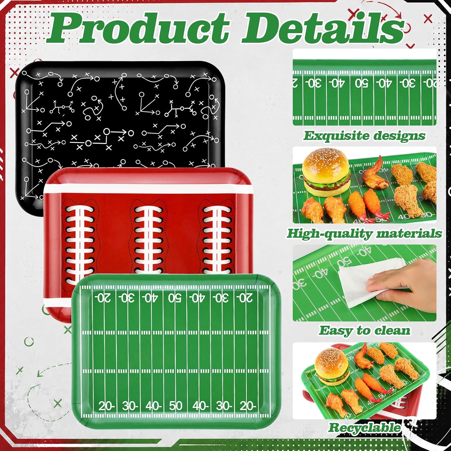Rtteri 3 Pcs Football Serving Trays 13 x 9.7 x 0.7 Inch Reusable Rectangle Plastic Party Platters for Game Day Tailgate Birthday Party Ideal for Appetizers Snacks Charcuterie Dessert