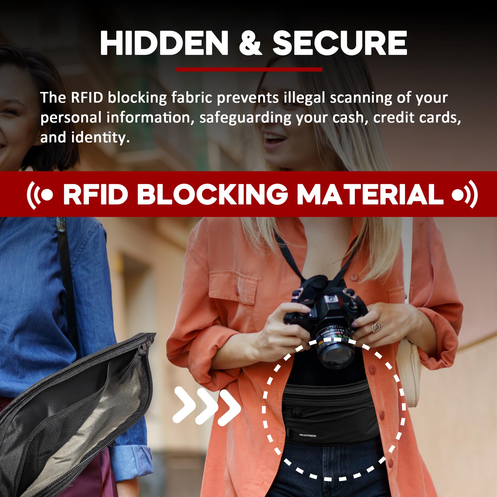 Cinturón de dinero de viaje con bloqueo RFID, bolsillo oculto para pasaporte para efectivo, teléfono, tarjetas de crédito y protección de documentos, 13.5 x 5.75 x 0.31 pulgadas