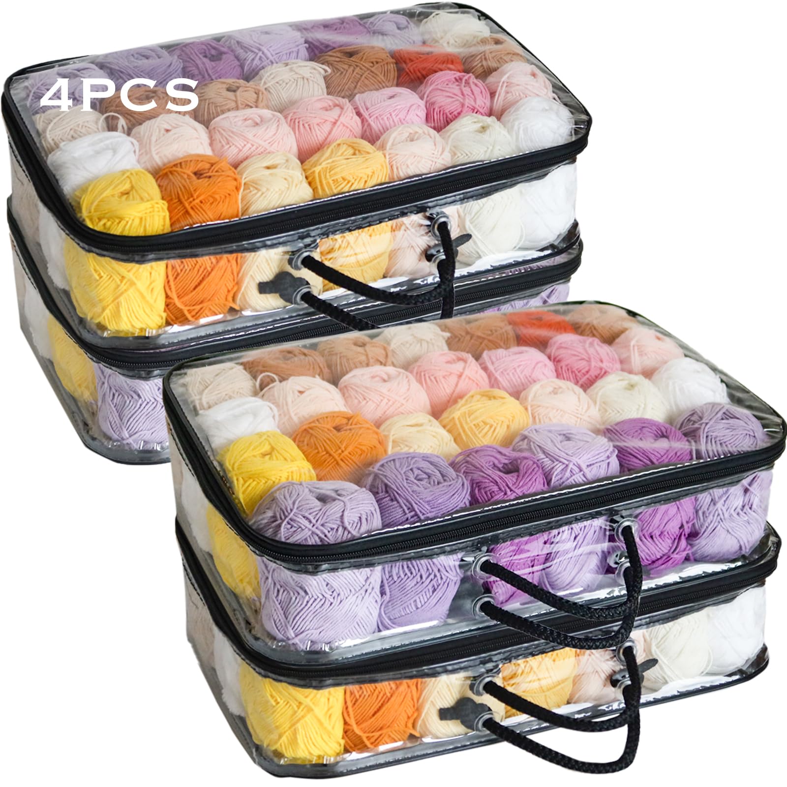Goesort 4 Pack Clear Yarn Storage Bag, Sturdy Knitting Bags and Knitting Organizers with Smooth Double Pull Zip, Portable Plastic Craft Bag with Handle for Storing Yarn Hats, Gloves or Toys, Large