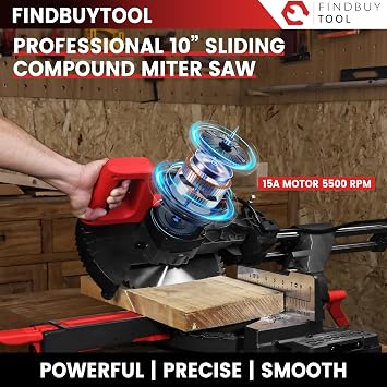 FindBuyTool 10-Inch Sliding Compound Miter Saw, 15-Amp 5500 RPM with 84T Carbide Blade, LED Cut Line, Tall Fence & Extension Bars, Ideal for Crown Molding, Baseboards, and Woodworking Projects