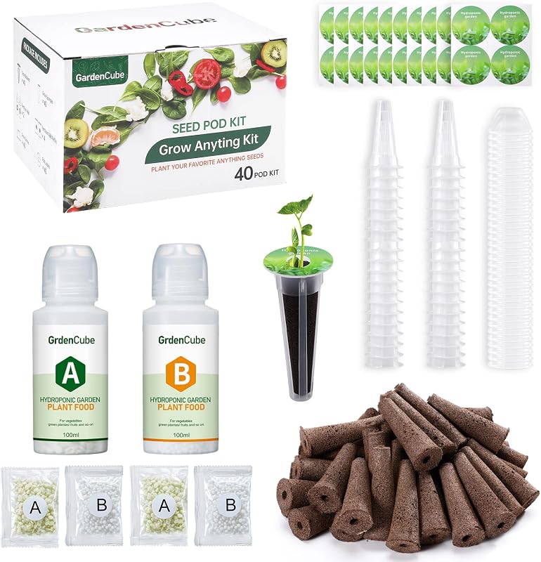 GARDENCUBE Kit de cápsulas hidropónicas de 166 piezas compatible con AeroGarden | 40 esponjas, 40 cestas, 40 domos, 40 etiquetas para cápsulas, nutrientes A&B de 600 ml, pinzas, suministros para cultivar cualquier cosa para la mayoría de las marcas