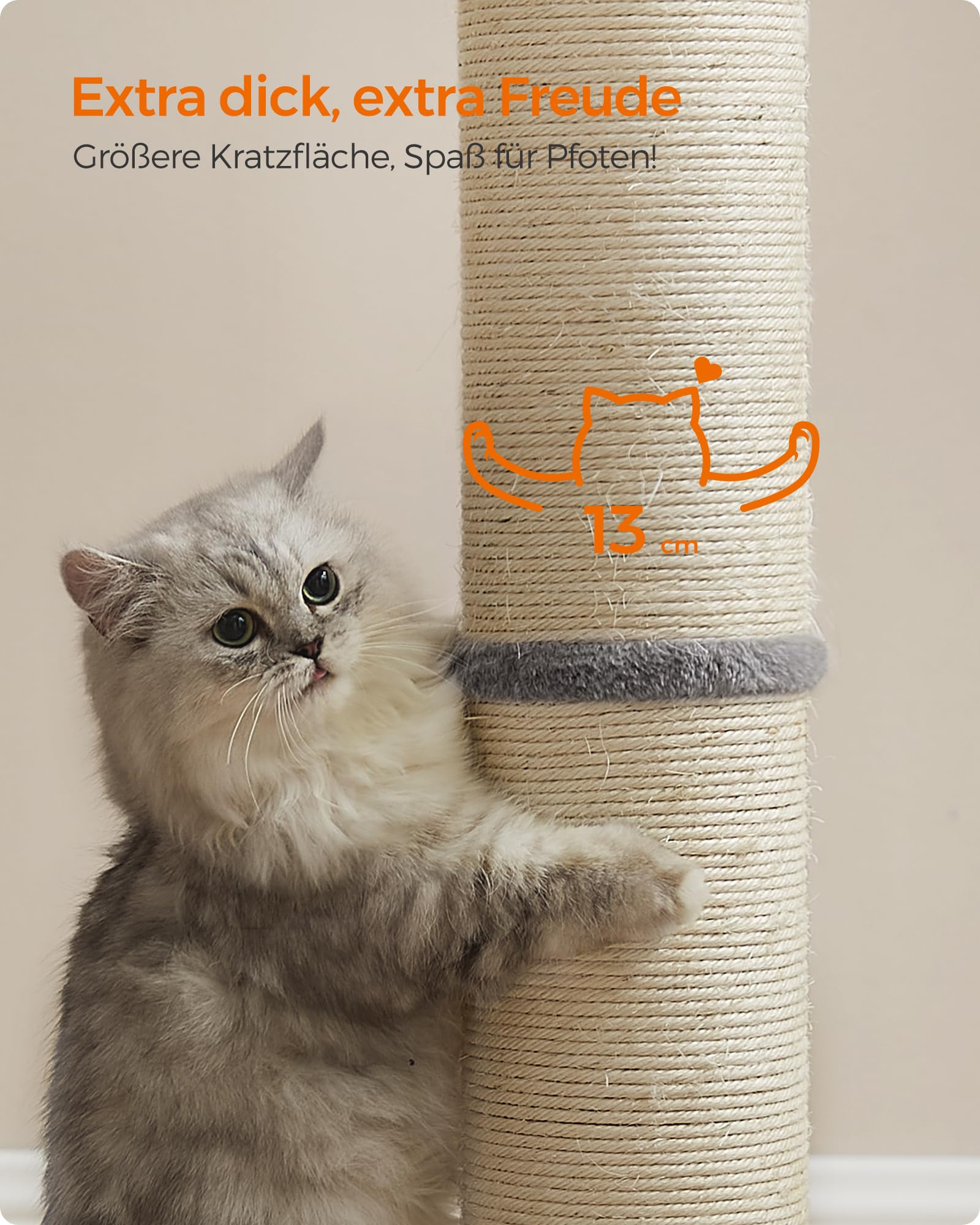 Feandrea Kratzbaum, 85 cm hoch, Kratzsäule XL, 13 cm Dicker Stamm, Katzenbaum, Kratzstamm für mittelgroße und große Katzen, Sisalstamm, mit Plüschball und Glocke, Taubengrau PCA041G01