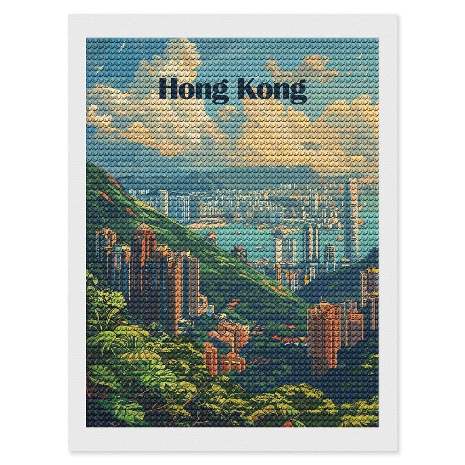 Junmoney Hong Kong Cityscape Illustration Diamond Painting Canvas Kit 12"x16", Adhesive Canvas, Christmas Gift, Full Kit Included, Thoughtful Present