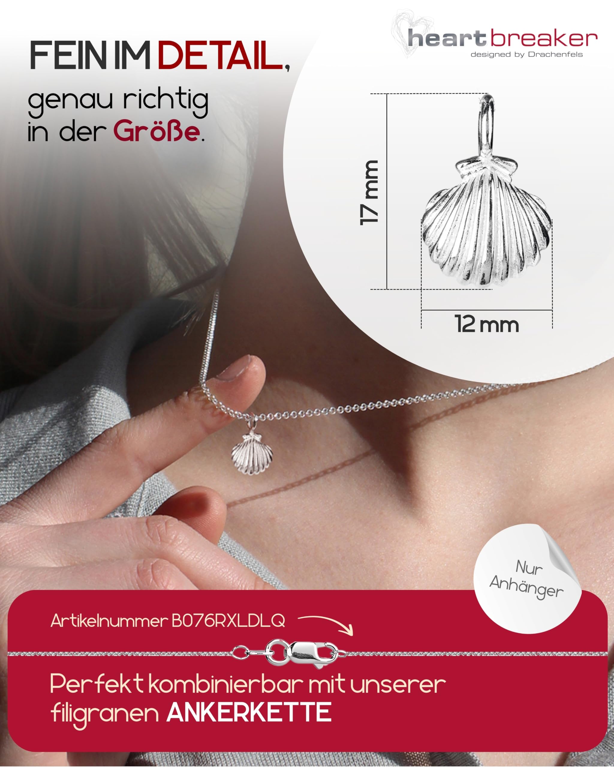 Heartbreaker "Sealife" Muschel-Anhänger klein I Edler Muschelanhänger aus 925 Sterling Silber I Nickelfreier Kettenanhänger in Goldschmiedequalität I Hochwertiger Anhänger für Damen I LD SL 38