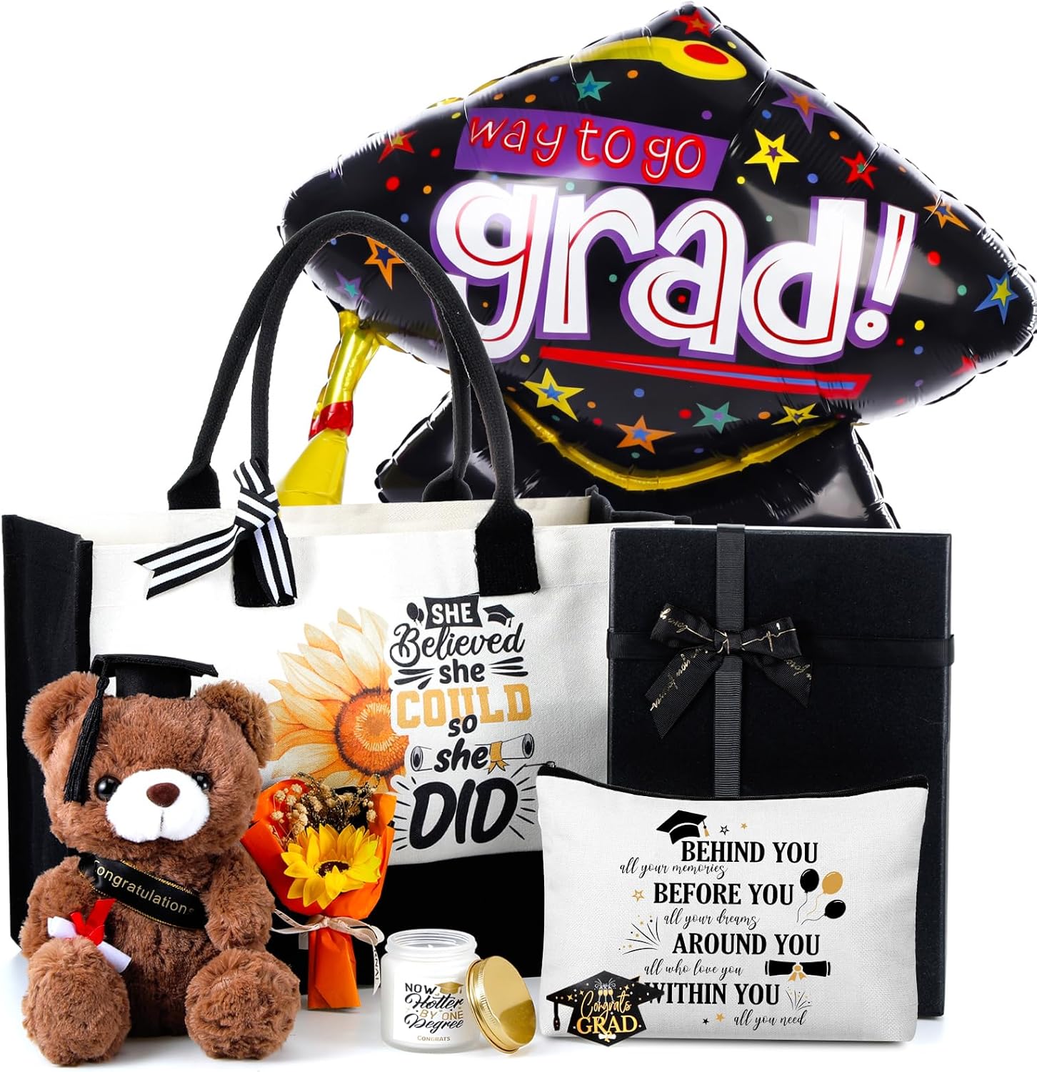 Talltalk 10 Pcs Valentines Day Gift Basket Set Rose Bear for Her Anniversary Flowers Gift Tote Bag Makeup Bag Rose Bear Candle String Light Balloon Card for Girlfriend Wife Mom