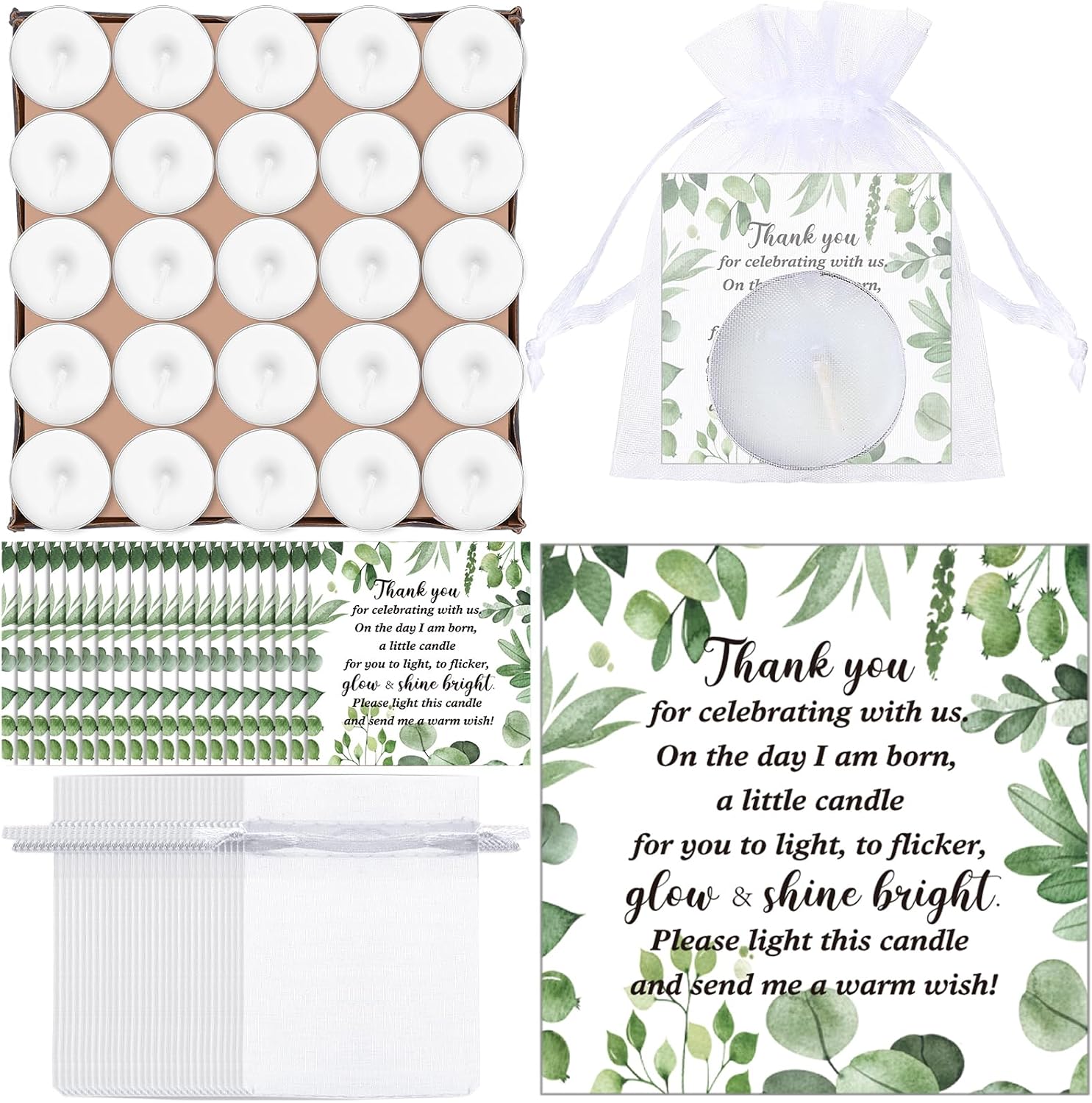 MTLEE 50 Sets Baby Shower Party Favors Candles Including 50 Pcs Tealight Candles Thank You Cards Baby Shower Bags for Guests Prizes Gender Reveal Party Decorations(White,Eucalyptus)