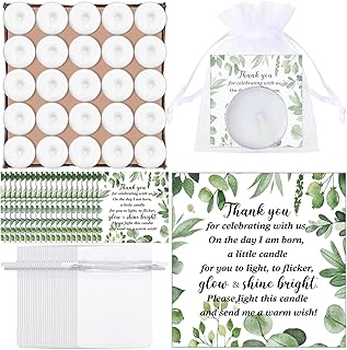 MTLEE 50 Sets Baby Shower Candle Favors for Guests Including 50 Pcs Tea Light Candles and 50 Thank Tags and 50 Return Gift Bags for Baby Shower Gender Reveal Party Supplies (White,Eucalyptus)