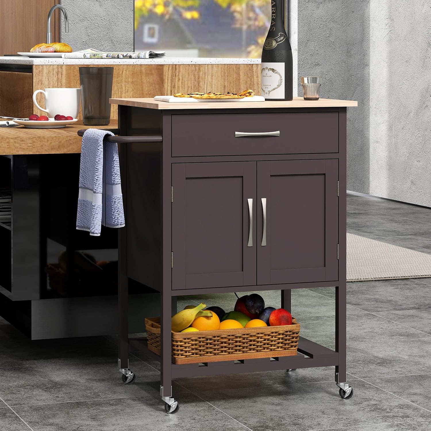 Giantex Kitchen Island Cart with Rubberwood Top, Rolling Serving Utility Cart with Drawer, Storage Cabinet, Open Shelf & Towel Rack, Coffee Bar Cart on Wheels for Living Dining Room (Brown)