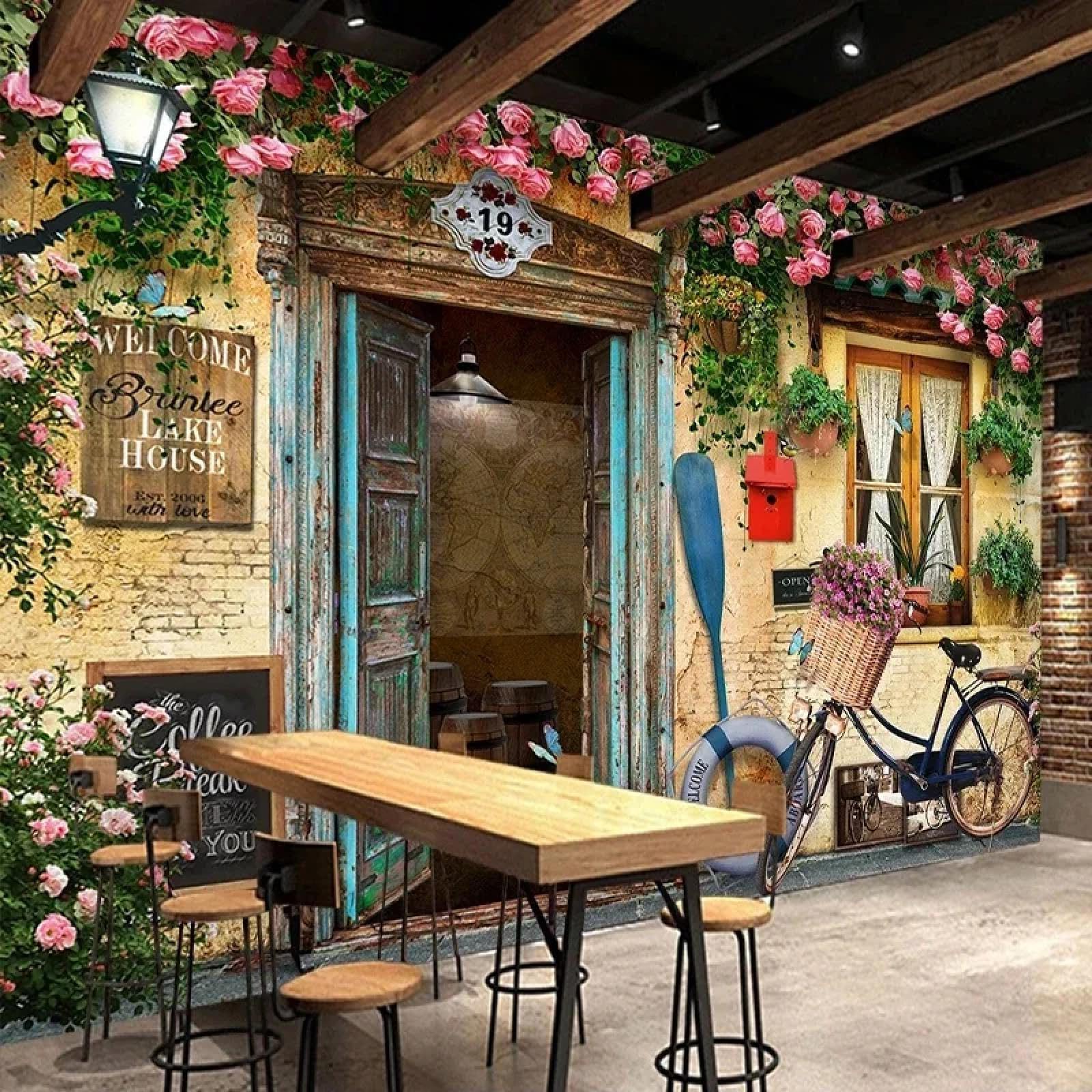 Papier peint autocollant 3D bâtiment rétro lé mural vélo rose