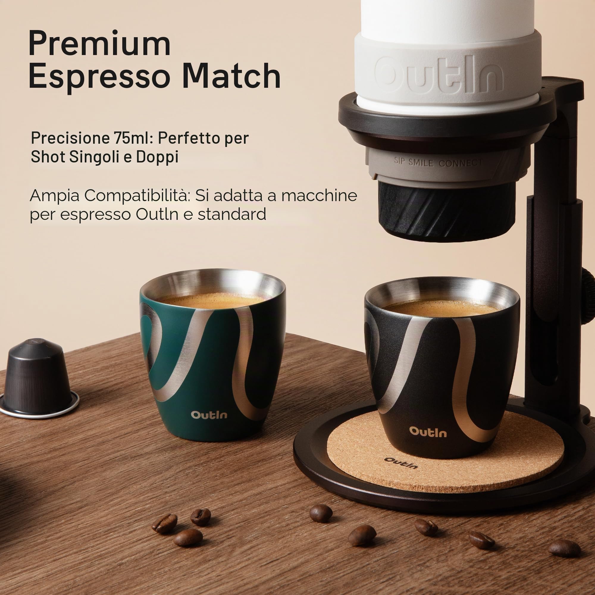 OutIn Set di 2 Tazze da Espresso, Doppia Parete Isolante 75ml in Acciaio Inossidabile, Bicchierini da Shot Portatili per Campeggio, Compatibili con le Macchine da Caffè OutIn