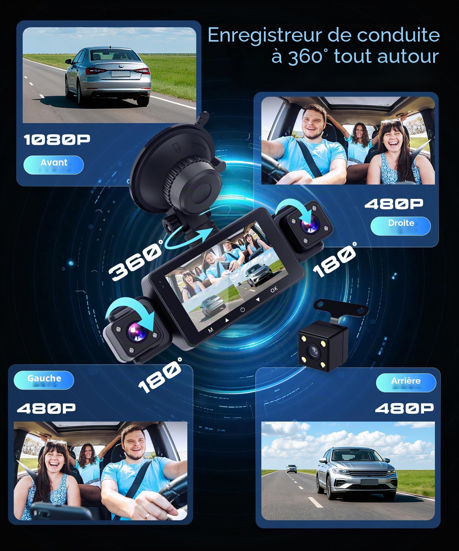 Caméra de Tableau de Bord 1080P Avant et arrière avec WiFi,4 caméras de Voiture avec écran IPS de 3",Vision Nocturne,capteur G,Enregistrement en Boucle, Protection à 360 degrés,avec Carte SD 64 Go