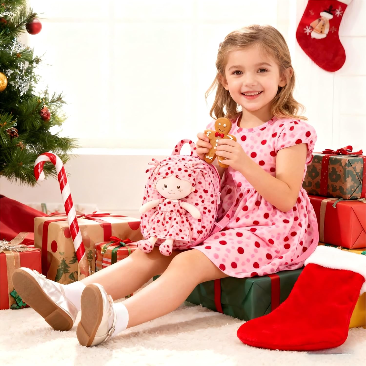 Onetoo Toddler Backpack Back to School Gifts for Girls Plush Backpack Kids Backpacks with Soft Light Baby Dolls in Red Polka Dots Dress 9" - Image 8