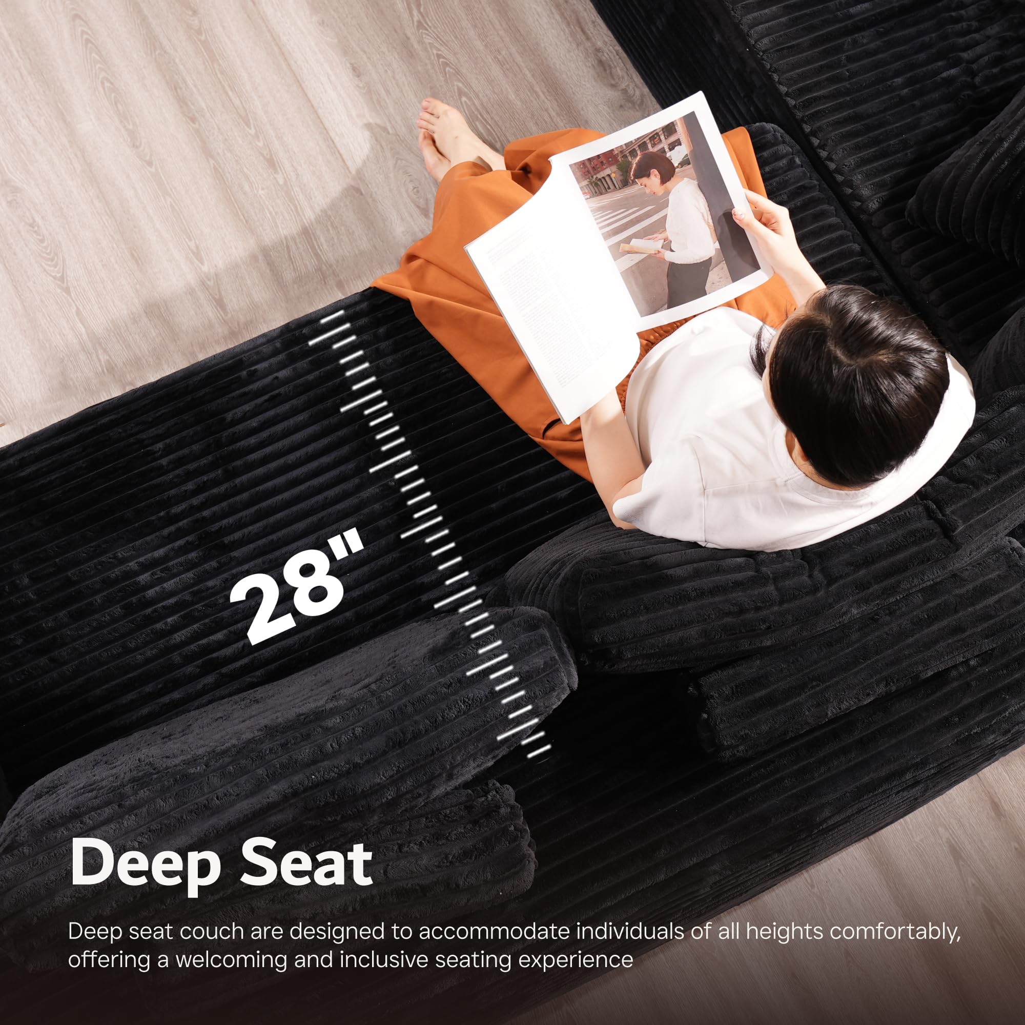 ovios 104" Cloud Sectional Couch with L-Shape Chaise,Modern Modular Sofa with Deep Seat, Upholstered Couches for Living Room Bedroom,No Assembly Required, Green (Cloud Velvet): U Shade Black (Plush Corduroy Fabric)