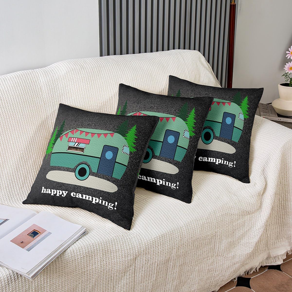 Federe Per Cuscino 45x45 Cm Con Tema Camper E Montagna – 2 Pezzi, Poliestere Lavabile, Decorazione Da Viaggio