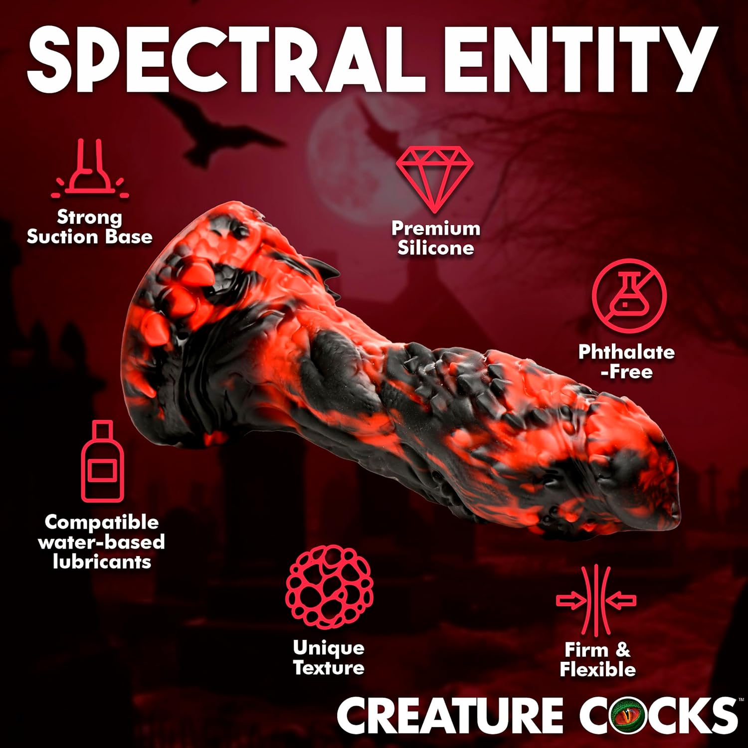 CREATURE COCKS Grim Reaper Silicone Dildo for Men, Women & Couples. Firm and Flexible, Strong Suction Base, Fantasy Dildo, Unique Texture. Premium Phthalate-Free & Body-Safe Silicone. 1 Piece, Red