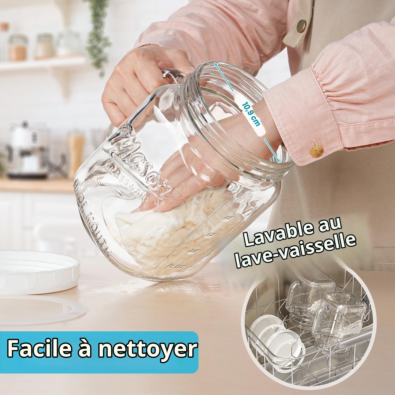 Absovetu Lot de 2 bocaux de conservation carrés avec couvercle hermétique - 2 l - Bouteilles en verre avec poignée - Mason Jars