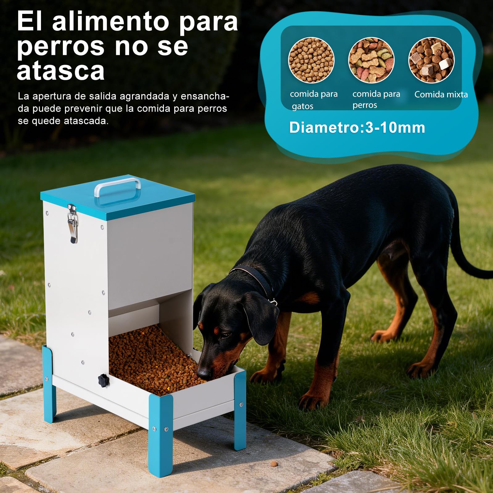 Dispensador de Croquetas para Gato Automático 10L Comedero Elevado para Perro, Comedero de Secos de Metal Desmontable para Mascotas, Sólido y Fácil de Limpiar