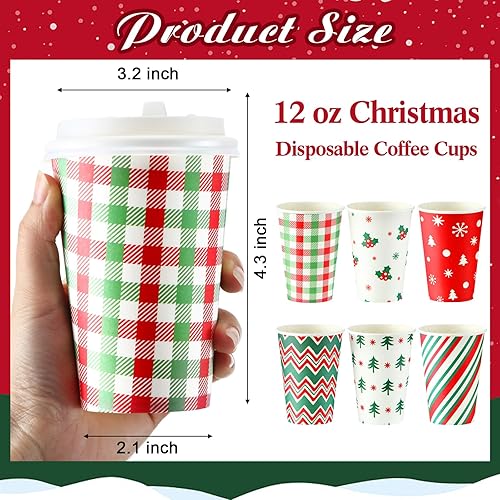 Miniatura 2 de Sliner 60 tazas de café de Navidad desechables con tapas, tazas de café de papel de 12 onzas, bebidas frías y calientes para fiestas, té, viajes