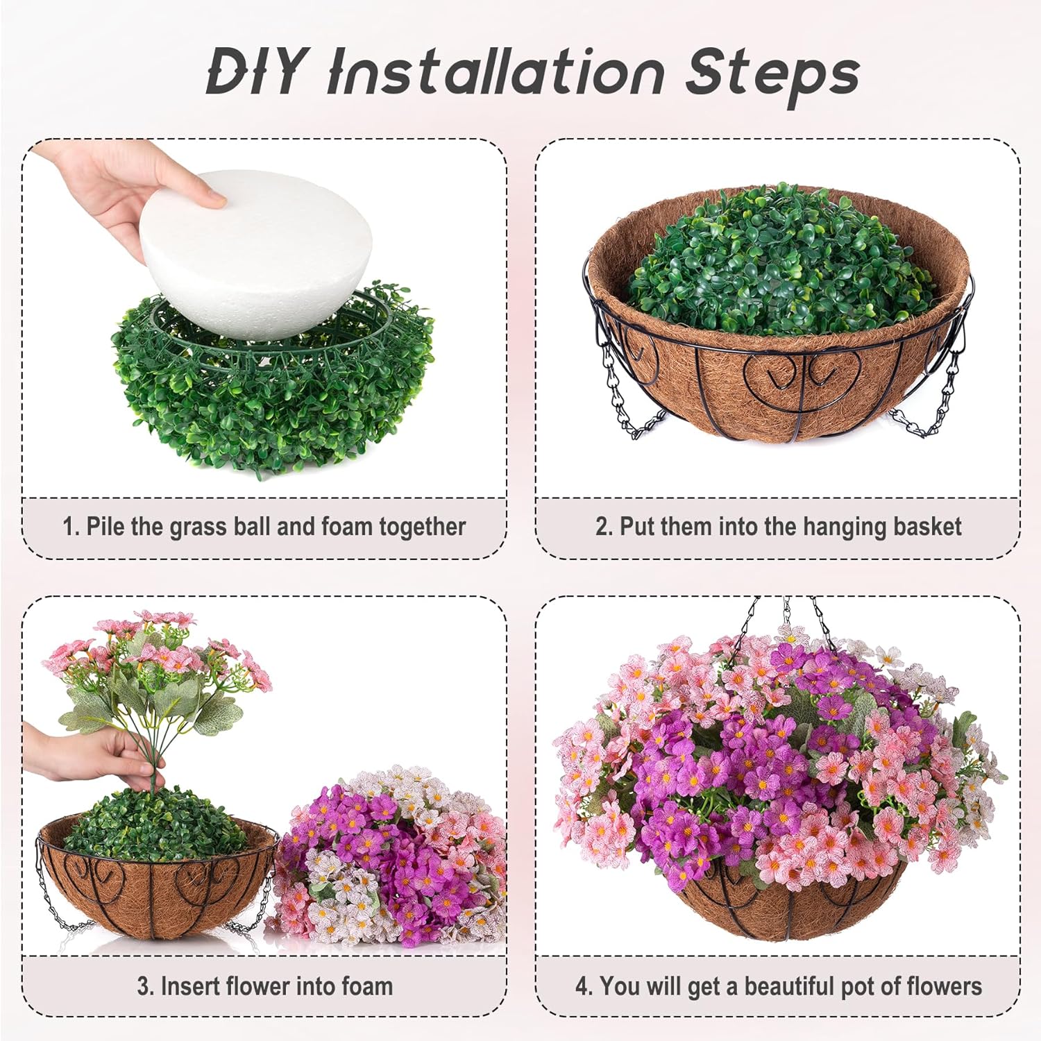 Artificial Flower in Hanging Basket Outdoor Indoor Decoration,Coconut Lining Flowerpot with Faux Plant,Daisy with Eucalyptus Leaves Arrangement for Home Spring Summer Decor(Pink White Purple) - Image 7