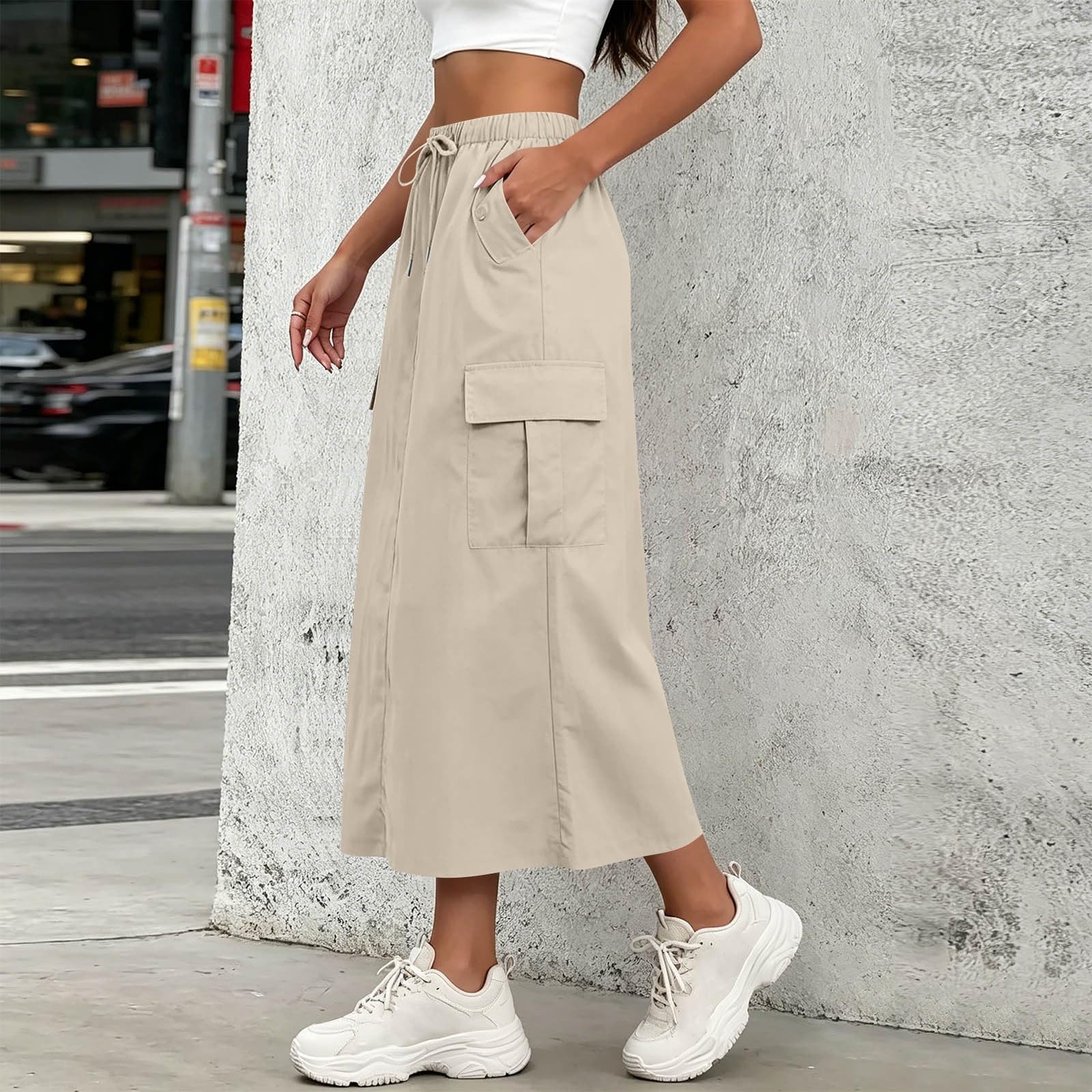 Langer Rock Damen Sommerrock Midirock Elegant Lang Cargo Rock mit Schlitz Hinten Wanderrock Sommer Cargorock Einfarbiges Lässig Sportrock mit Elastische Taille und Kordelzug Freizeitrock