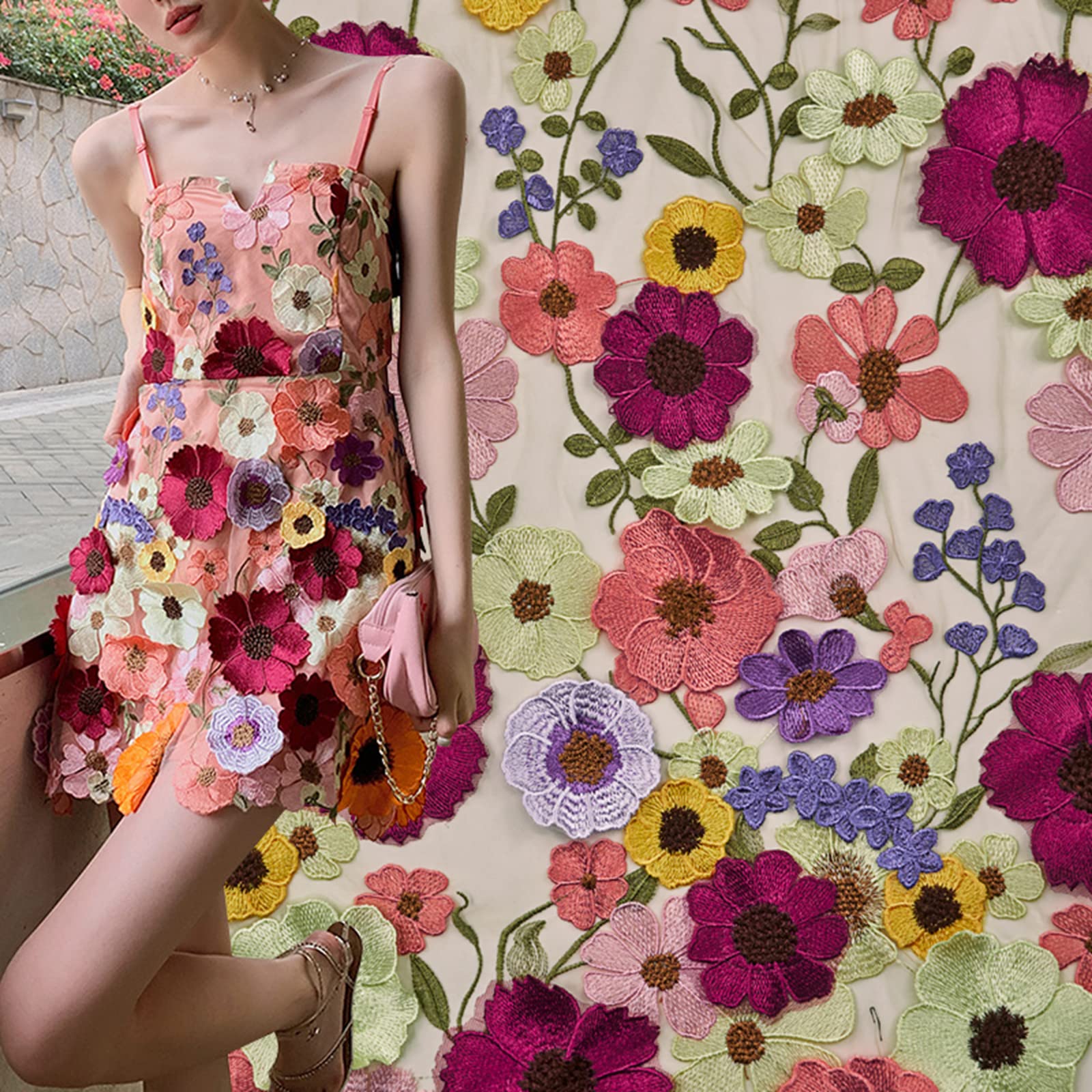 Classical Lace Fabric, 2 Yards Latest Elegant 3D Multi-color Sunflower Full Embroidered Soft Mesh Lace Fabric DIY Custom Clothes Party Dress