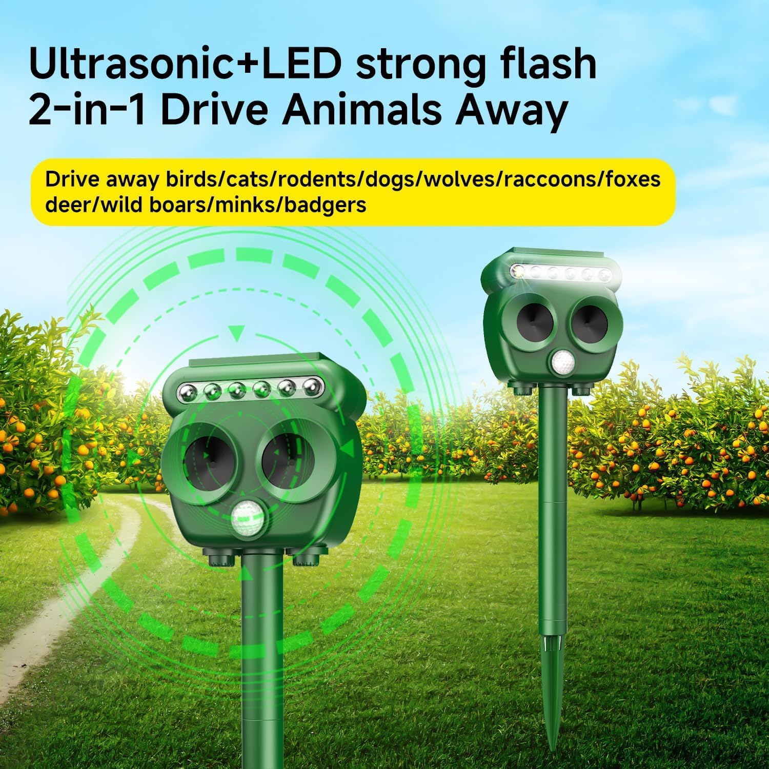 Repellente Gatti, Ultrasonico Solare Alimentato Animale Deterrente, USB Dissuasori per Piccioni Esterno Solare Anti Roditori, per Giardino