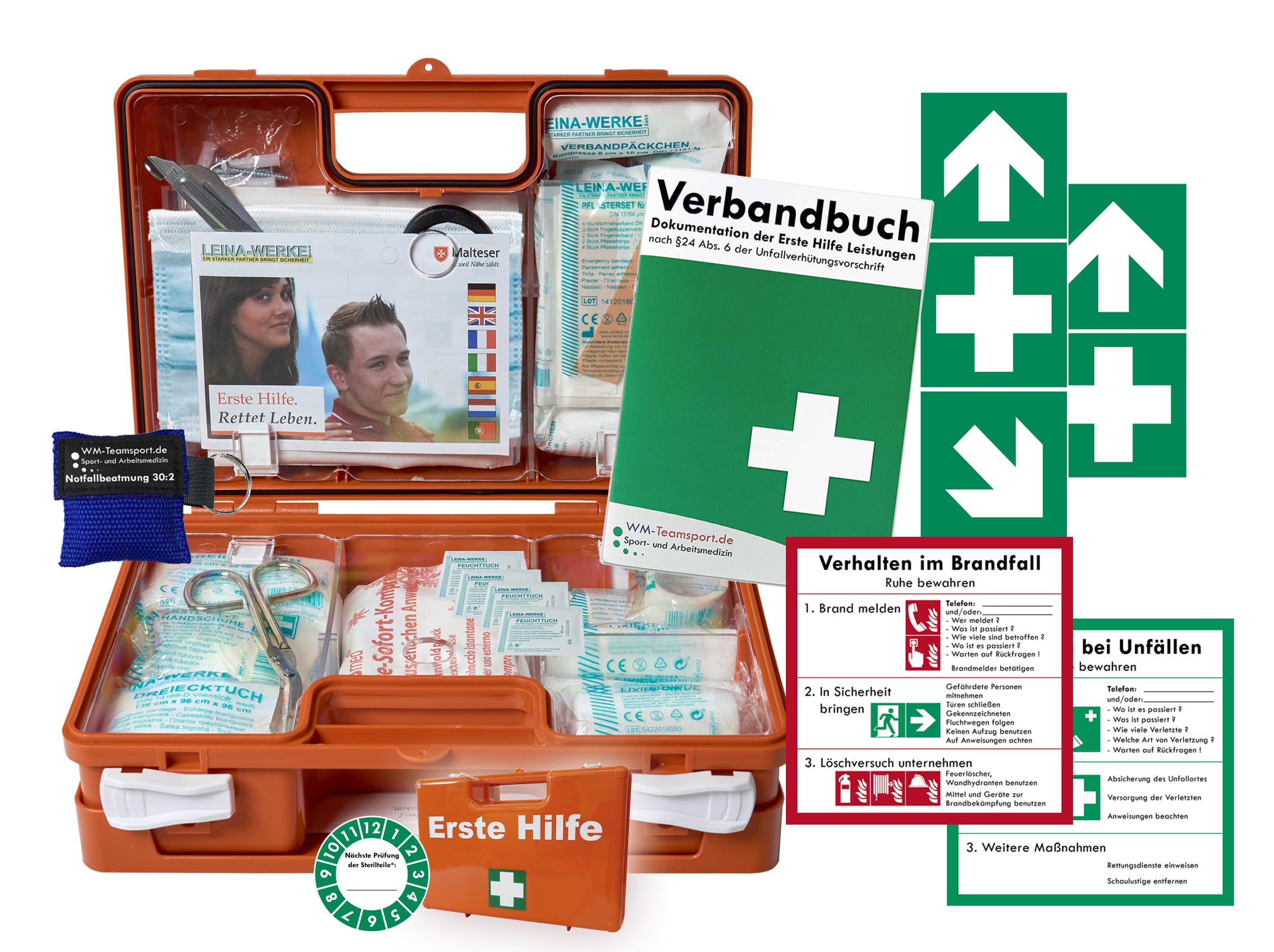 Erste-Hilfe-Koffer Quick -Paket 1- mit "Notfallbeatmungshilfe" für Betriebe - aktuelle DIN/EN 13157 + DIN 13164 für KFZ - incl. 1. Hilfe Folienaufkleber