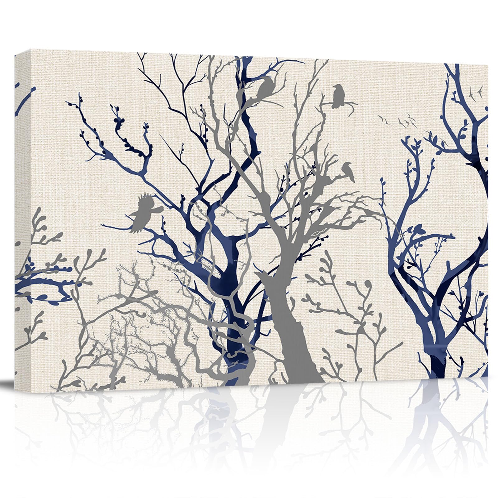 Birds Branches Wall Art for Living Room/Bedroom, Canvas Bathroom Decor Wall Art Kitchen Office Framed Wood Oil Painting Picture, Blue Grey Modern Geometric Art 20"x24"