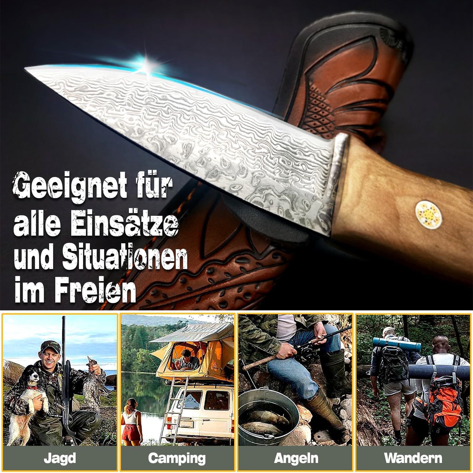 Feststehendes 67-lagiges VG10 Damast Jagdmesser mit Massivholzgriff & Lederscheide, Outdoor Überlebensmesser für Camping Wandern Angeln, Geschenk für Männer
