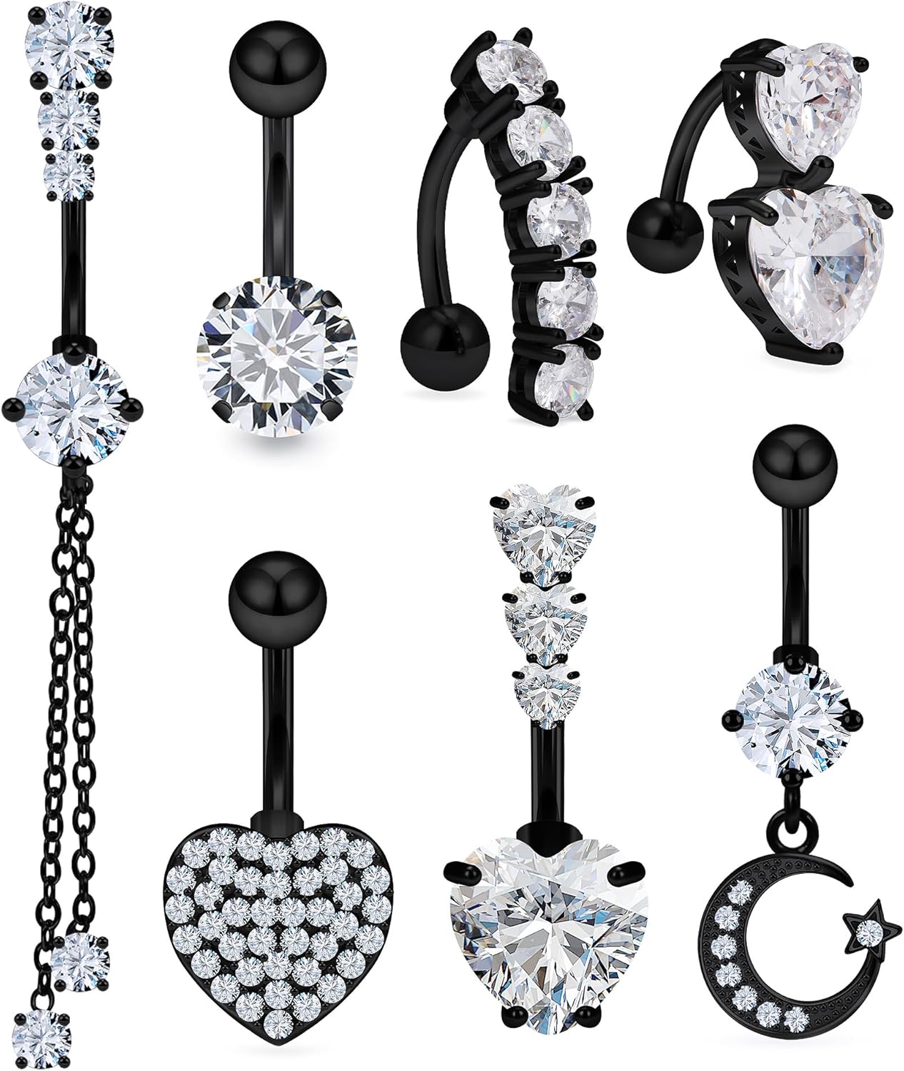 Vsnnsns 14G Heart Belly Button Ring Piercing Jewelry 316L Stainless Surgical Steel Cubic Zirconia Navel Rings Clear Heart CZ Reverse Belly Button Ring Piercing Jewelry for Women Men Hypoallergenic