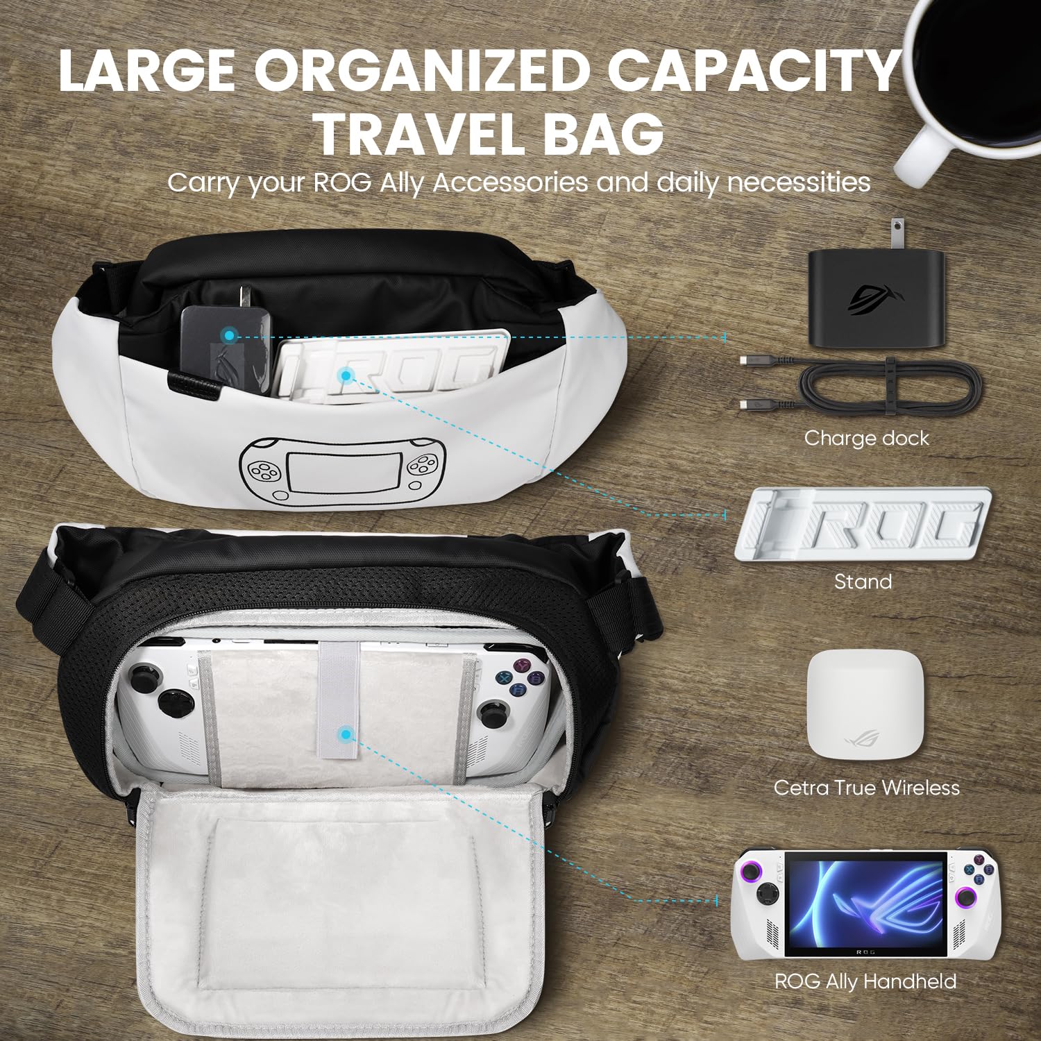 OPTOSLON Rog Ally - Funda de transporte compatible con ASUS ROG Ally Gaming de mano y accesorios, bolsa bandolera para soporte original y adaptador de CA para viajes y almacenamiento con un protector