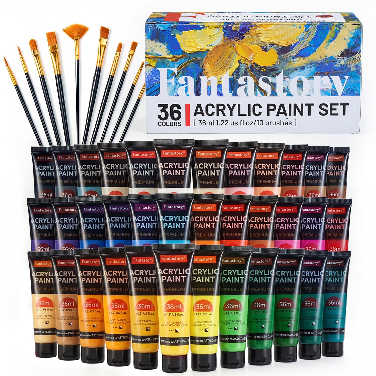 Fantastory 36ml 36 Colors Acrylic Paint Set with 10 Brushes