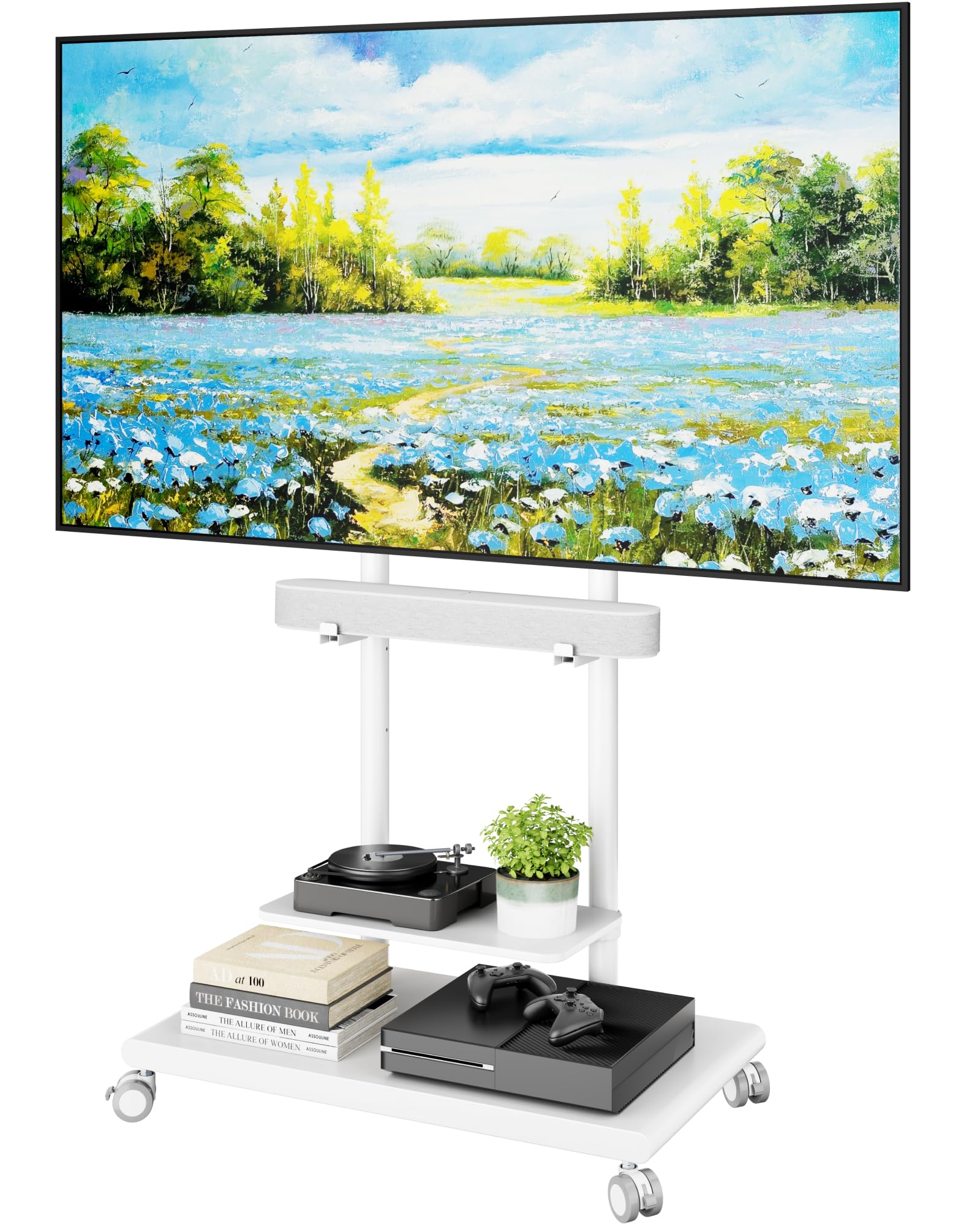 Base in acciaio mobile per TV con supporto soundbar per TV da 50-90 pollici fino a 69,9 kg, girevole e inclinabile, con ampio spazio di archiviazione, carrello per TV resistente regolabile in