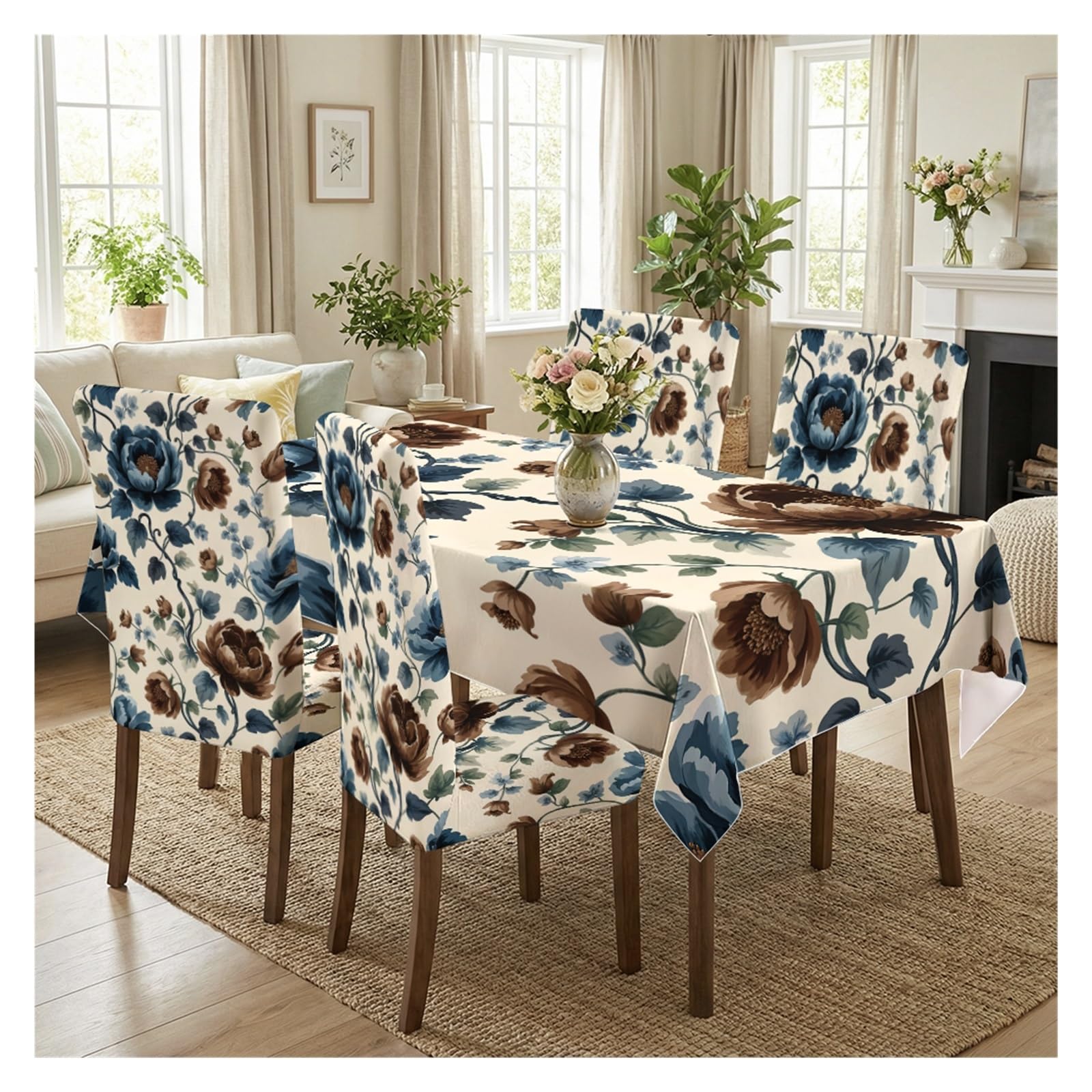KXUAUV Blue And Brown Peony Floral Tablecloth And Stretch Chair Covers Set For Farmhouse Dining Room Decor 5/7 Pieces Party Decor(5pcs Set: Tablecloth+Chair Covers)