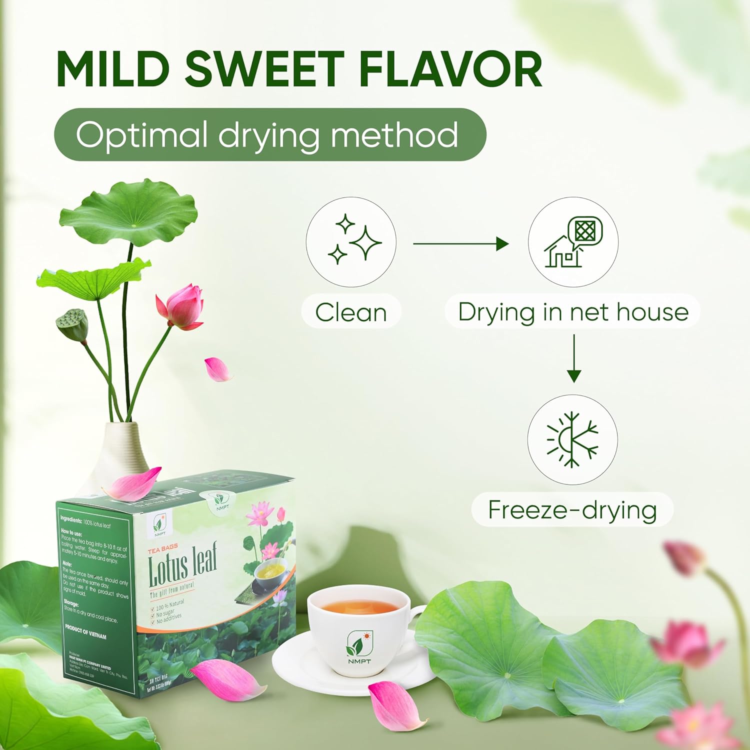 NMPT Dried Lotus Leaf Tea, 100% Hand Pick, Organic Herbal Tea, 50 Tea Bags, Gluten Free, Dairy Free, Sugar Free & 100% Natural, Energy Boost & Health Support - Image 3