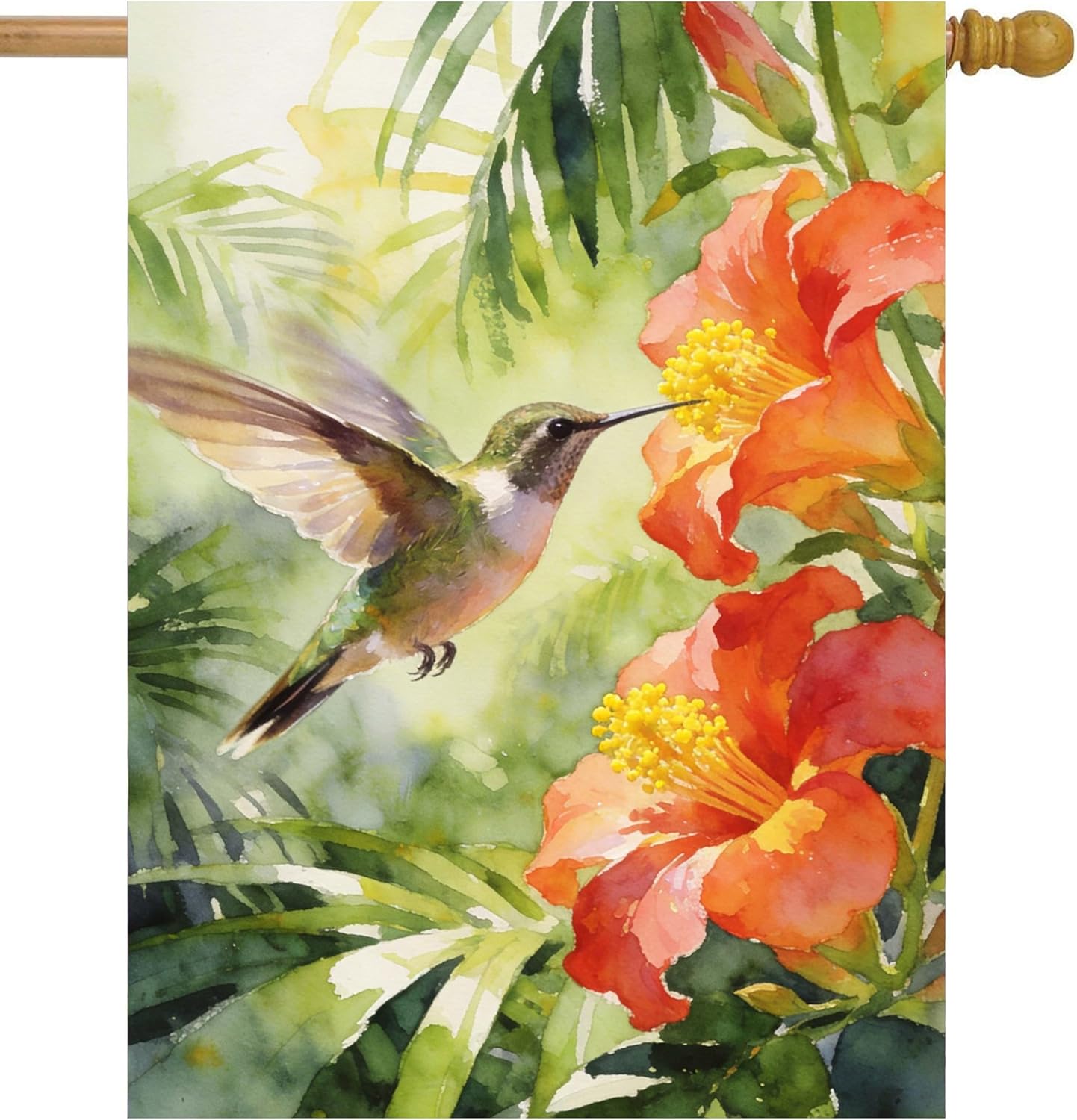 Hummingbird Bird And Tropical Flowers in Spring Summer Wildlife Scenery House Flag 28 x 40 Inch, Double Sided Large Garden Yard Welcome Flags Banners for Home Lawn Patio Outdoor Decor