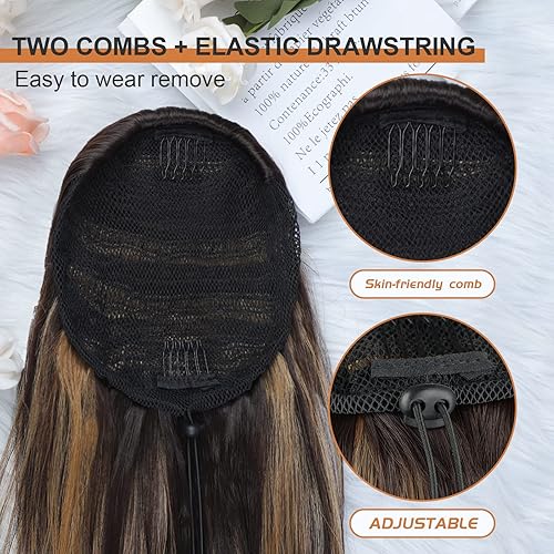 Miniatura 2 de FREEMEIGE Extensión de cola de caballo con cordón, extensión de cola de caballo de cuerpo largo ondulado para mujer, extensión de pelo sintético con