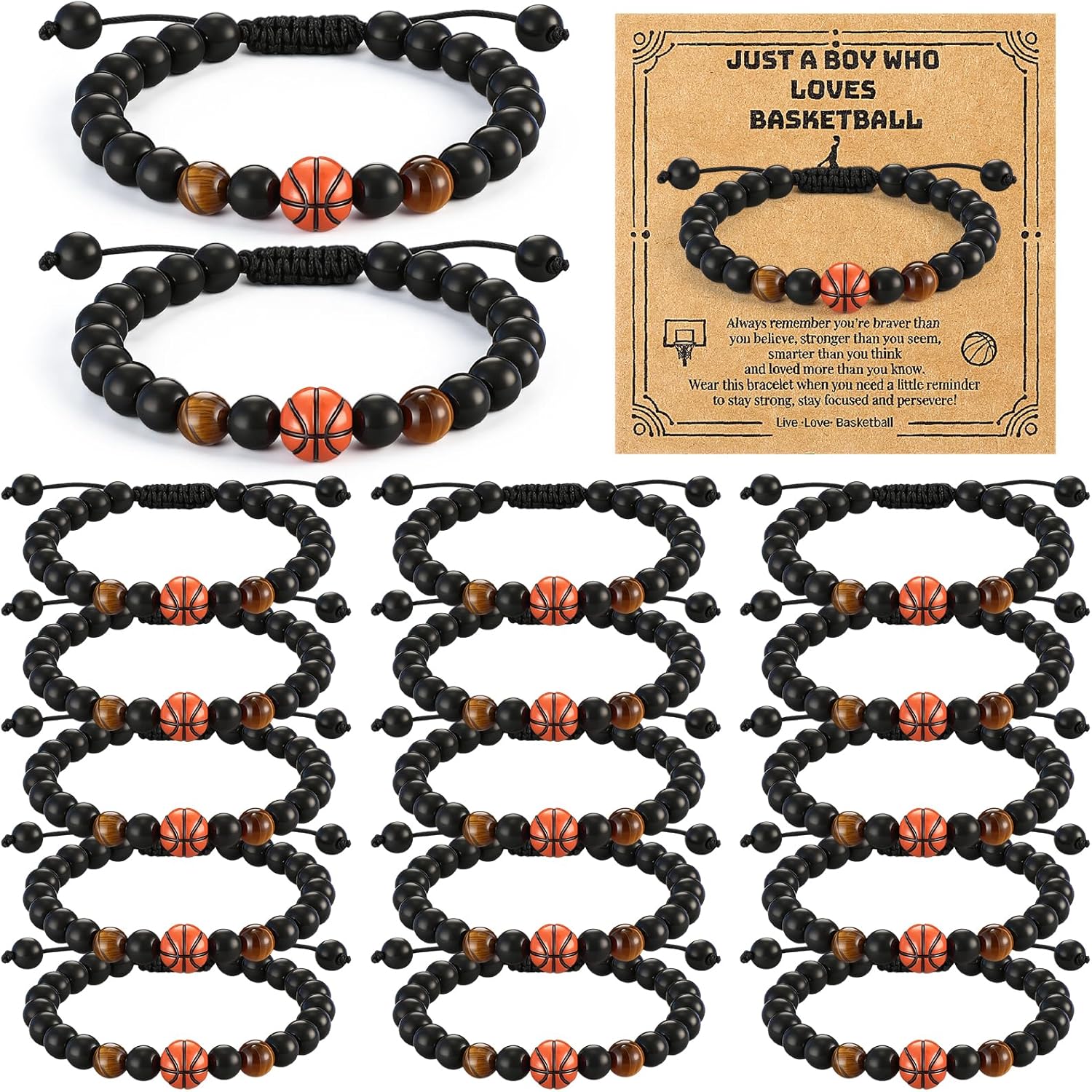 18 Sets Football Basketball Bracelet with Cards Bulk Tiger Eye Stone Sports Bracelet for Players Team Stuff Birthday Gifts