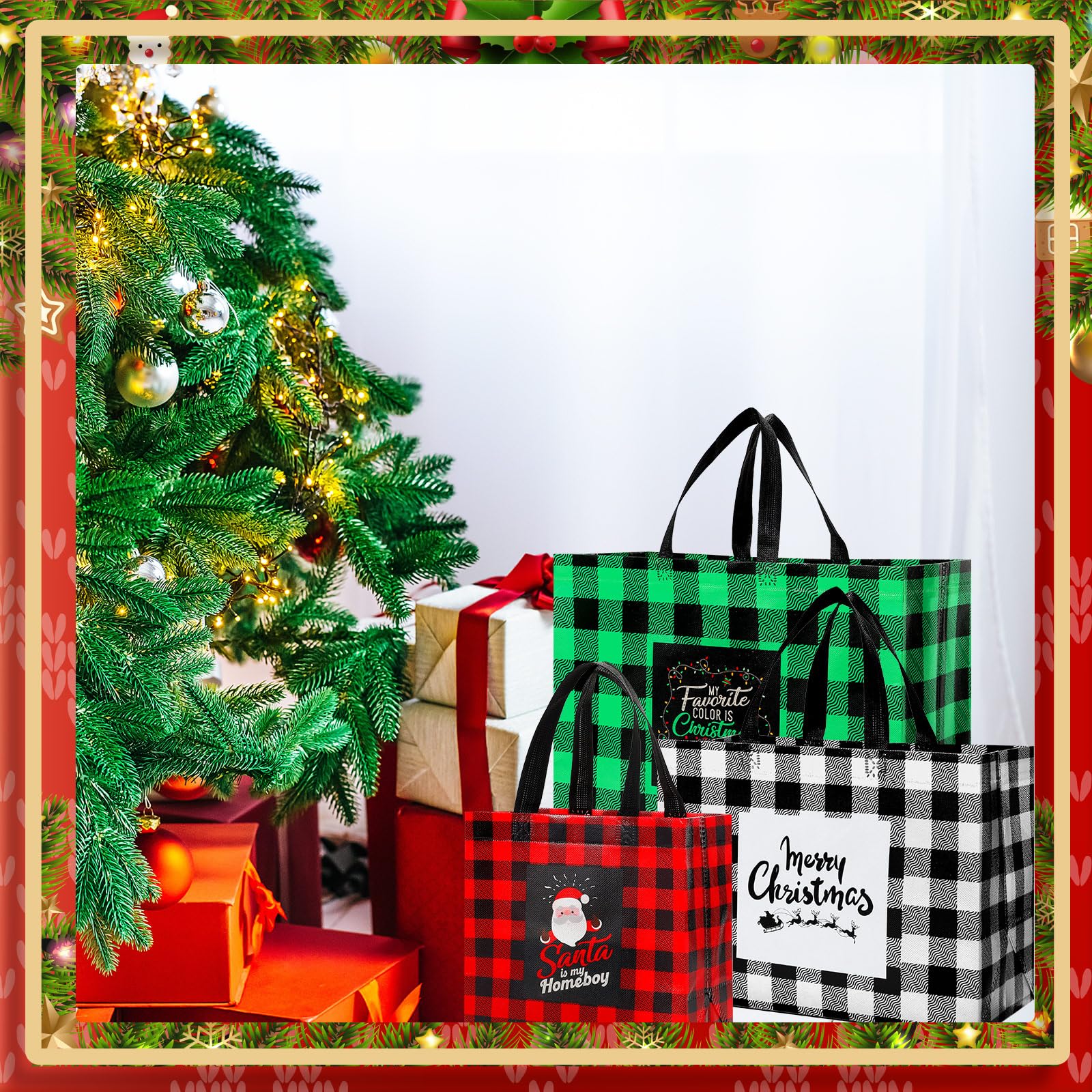 Silkfly 36 Stück gemischte Größen Weihnachten Geschenktüten Weihnachten Tragetaschen Vlies Büffel Plaid Wiederverwendbare Taschen mit Griffen Weihnachtstüten Xmas Lebensmittel Einkaufen Geschenkpapier
