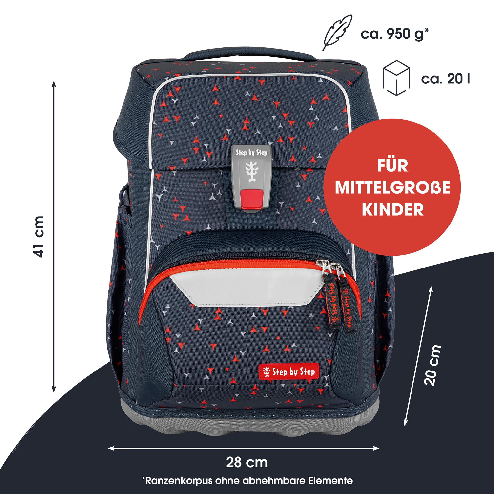 Step by Step Basis Schulranzen-Set „Anthrazit Triangles“, 4-teilig, grau, ergonomischer Tornister mit Reflektoren, Hüft- und Brustgurt, für Kinder ab der 1. Klasse, 20 Liter