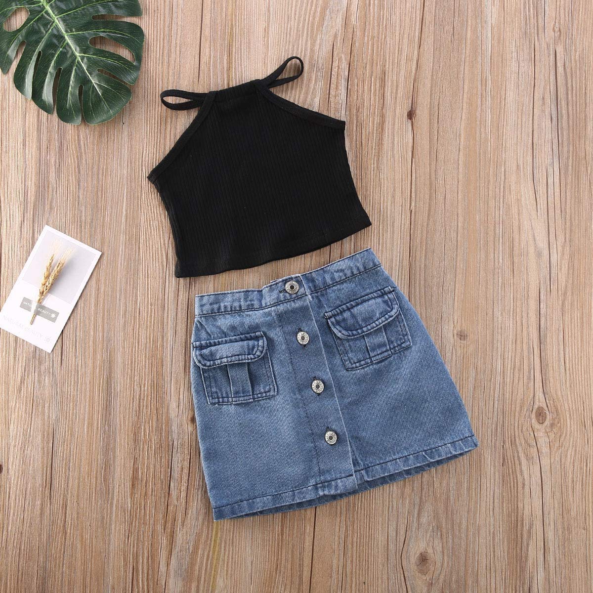 Kids Baby Girls Outfits Floral Ruffle Off Shoulder Crop Tops + Bowknot Denim Shorts Skirt Set Toddler Summer Clothes (Denim Halter, 5-6 Years)