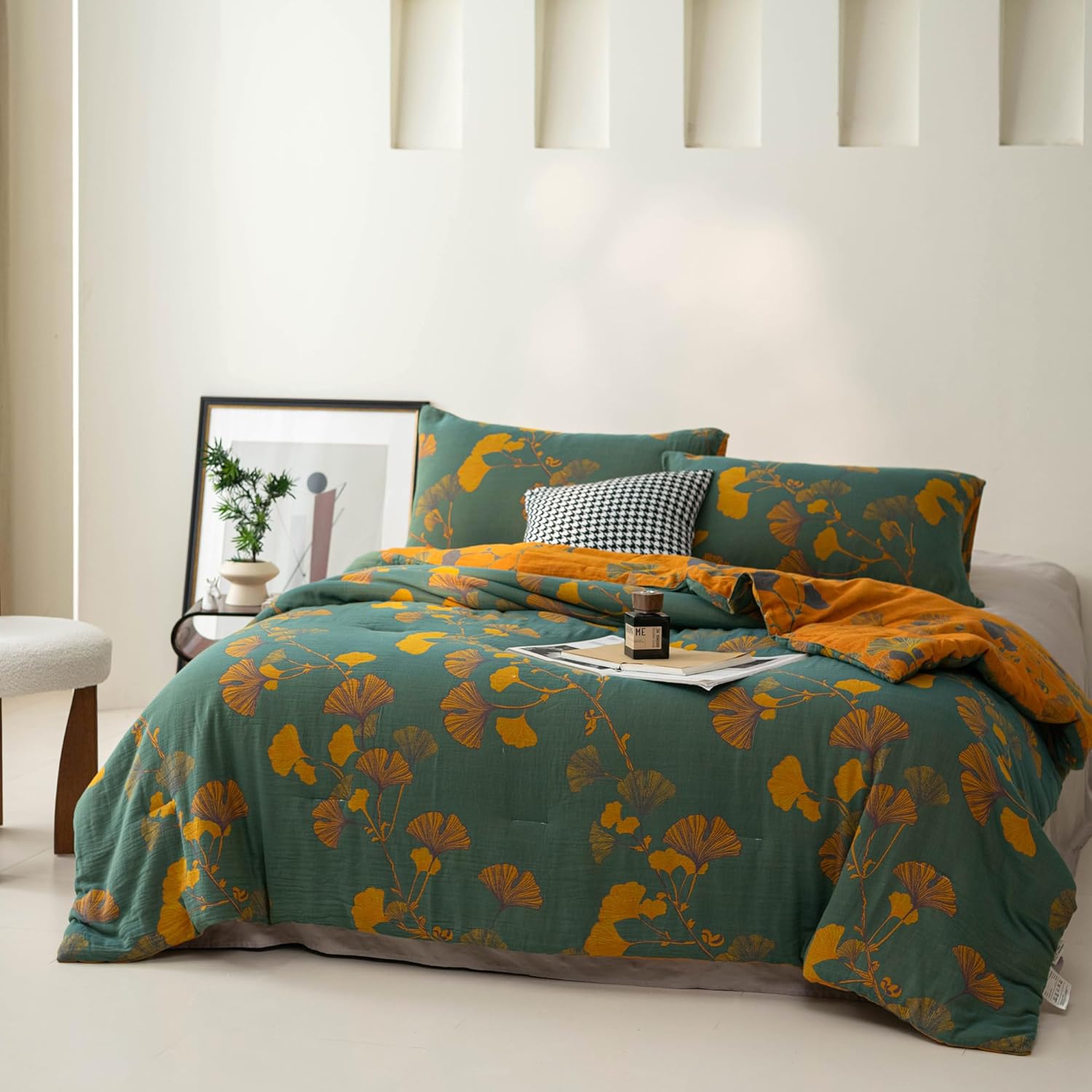 100% Cotton Muslin Jacquard Comforter Set, Floral Ginkgo Leaves Print, Soft Lightweight Reversible 3 Piece Bedding Sets for All Season, Green Yellow, Full/Queen(90"x90") - Image 3