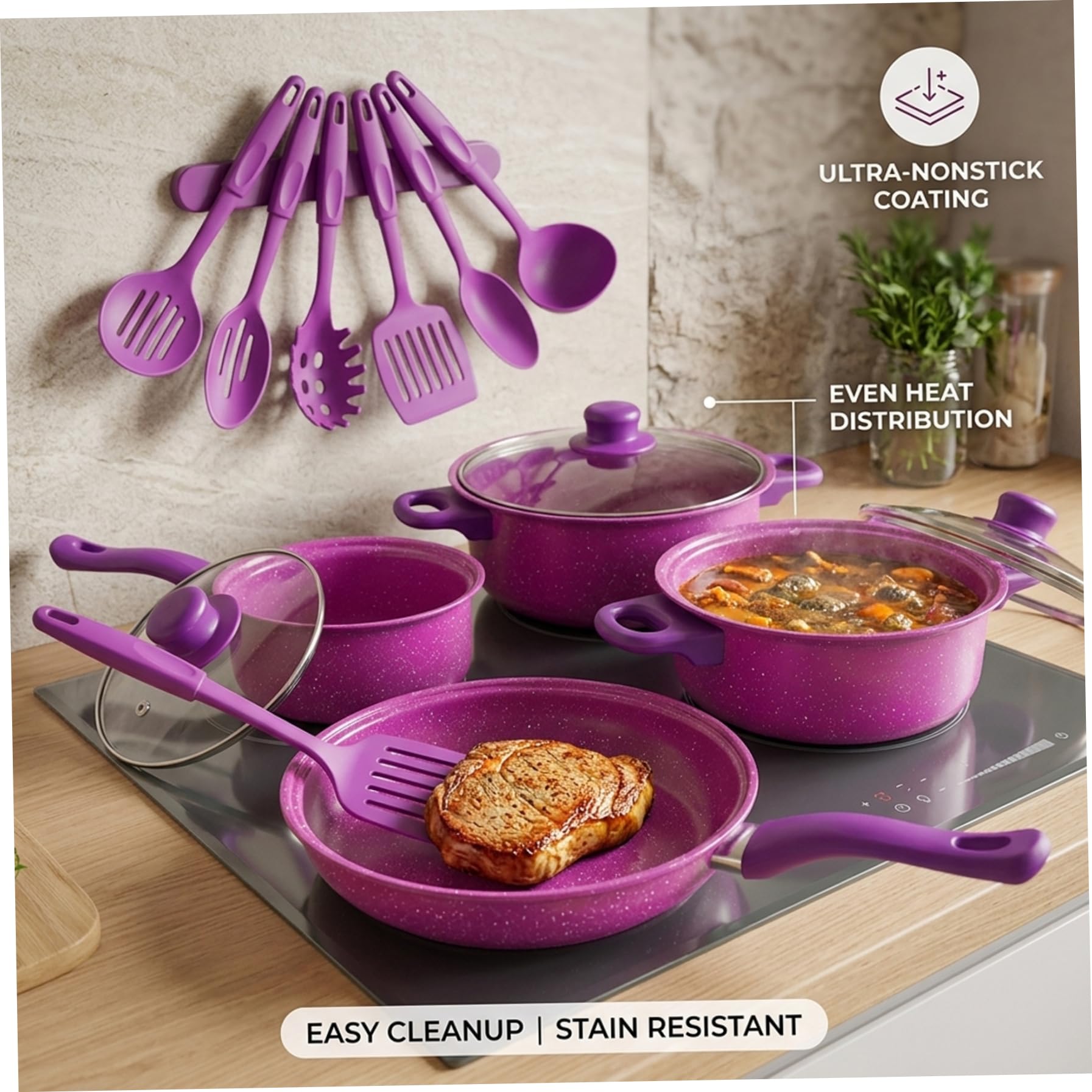 Set di Pentole Antiaderenti, Set di Pentole Antiaderenti da 13 Pezzi, E Padelle con Padella, Pentola per Il Latte E Utensili per La Cucina Casalinga, Viola
