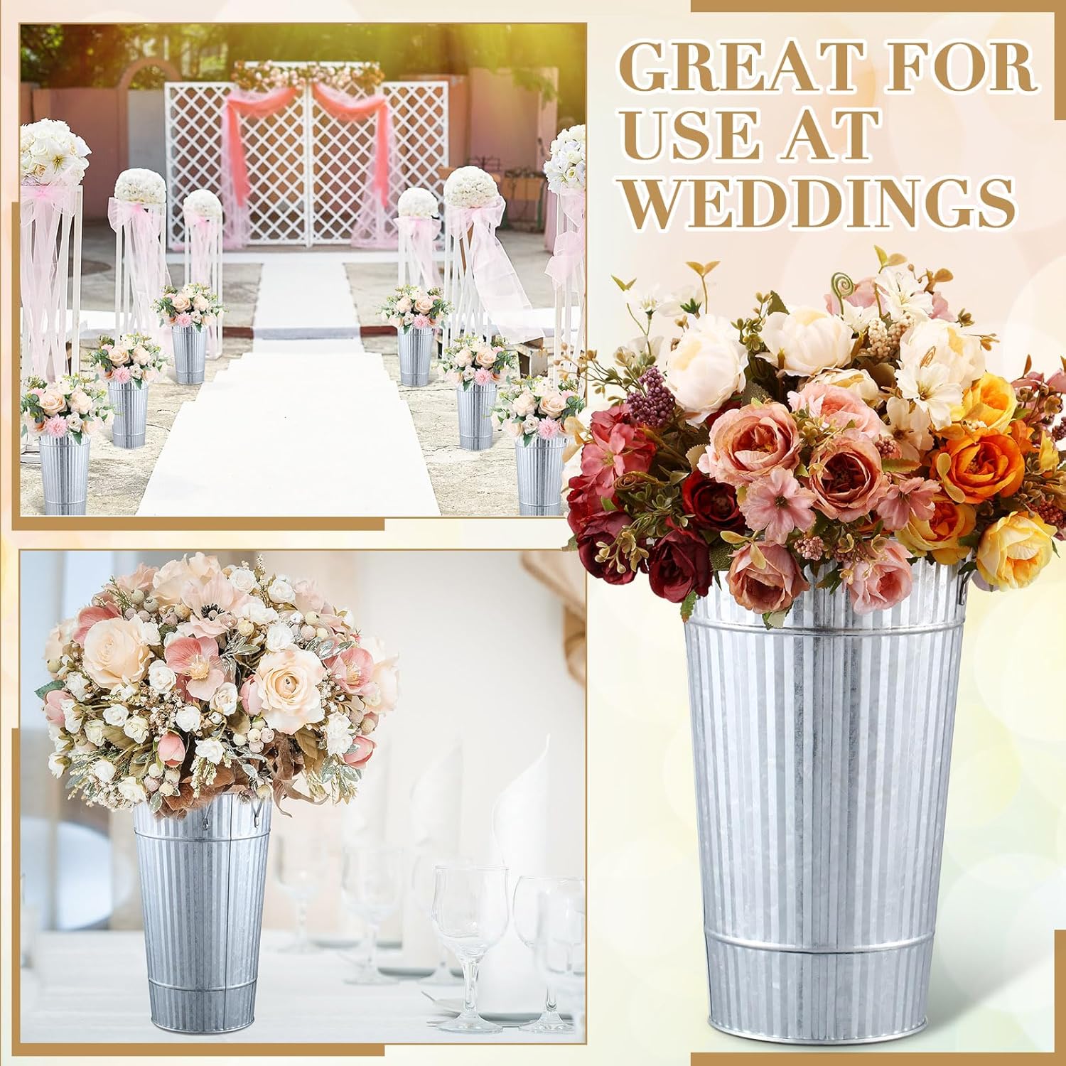 Layhit 6 Pcs 12 Inch Galvanized Flower Buckets Metal Flower Vases with Handle Farmhouse French Bucket Planter Floral Container for Flowers Wedding Bridal Shower Home Table Decor(Retro Steel Color)