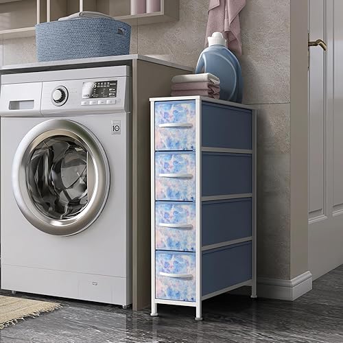 Miniatura 2 de Sorbus Cómoda estrecha para niños con 4 cajones, cómoda de almacenamiento vertical delgada con marco de acero, parte superior de madera y