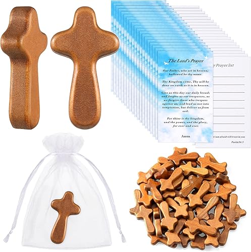 150 mini cruces de madera de pino de 256 pulgadas con 50 tarjetas de oración bíblica y 50 bolsas de organza para Navidad iglesia cristiana regalo de