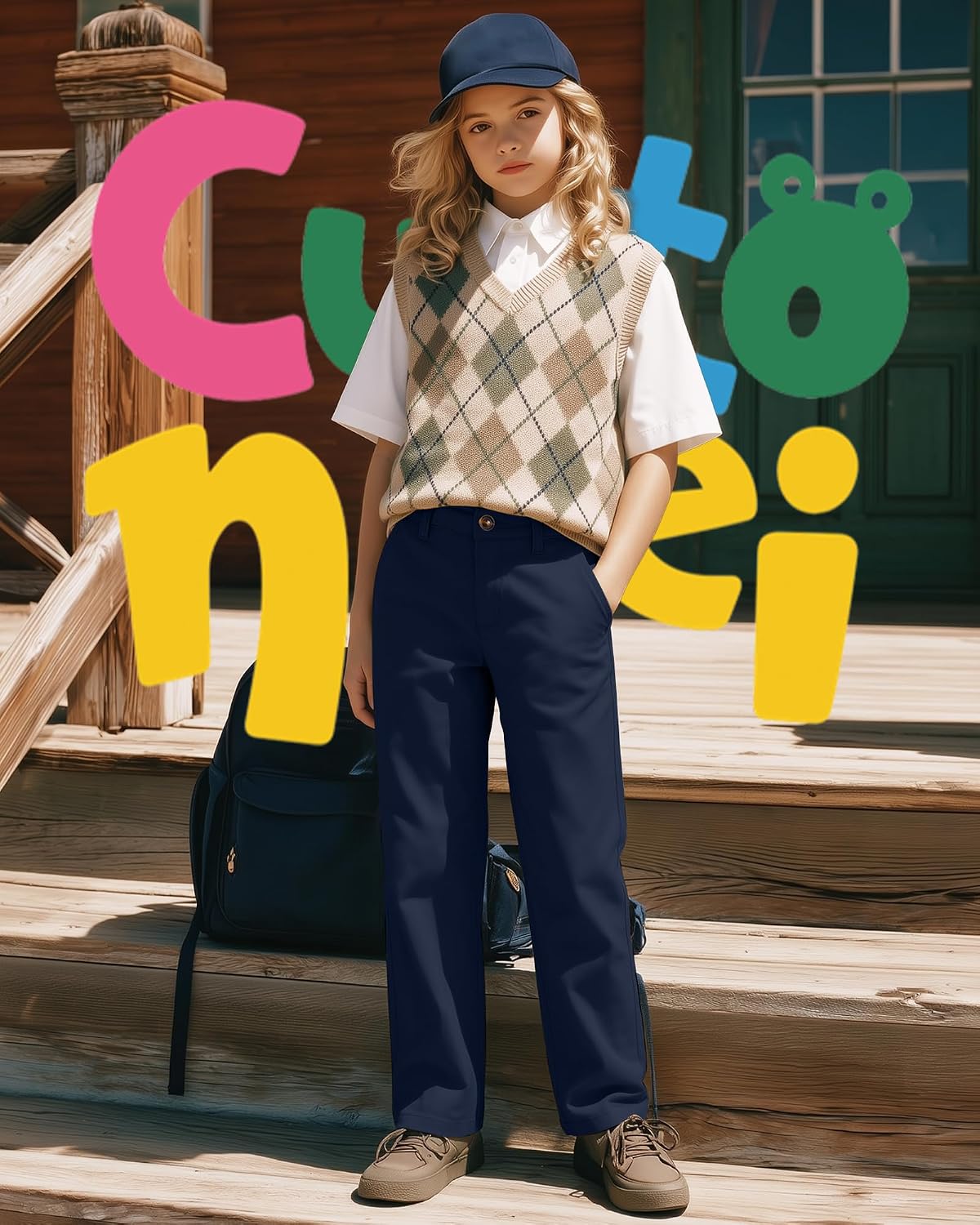 Girls School Uniform Pants Kids Dress Pants Elastic Waist Cotton Straight Leg Trousers with Pockets 5-14 Years
