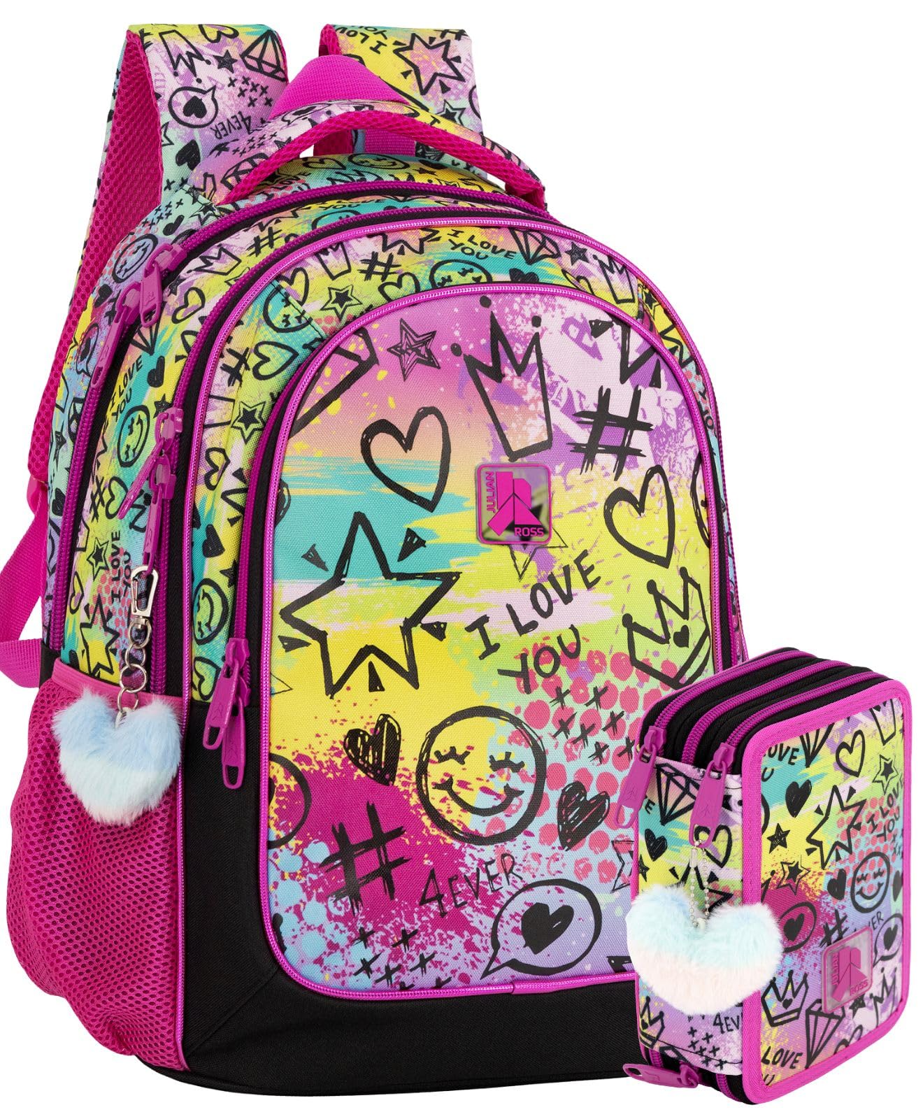 Pack Escolar Niña Primaria - Mochila Ergonómica Gran Capacidad 43x33x20 cm y Estuche 3 Cremalleras Completo (46 Piezas) - Diseño "Shiny Mood" con Llavero Pompón (6-10 Años)