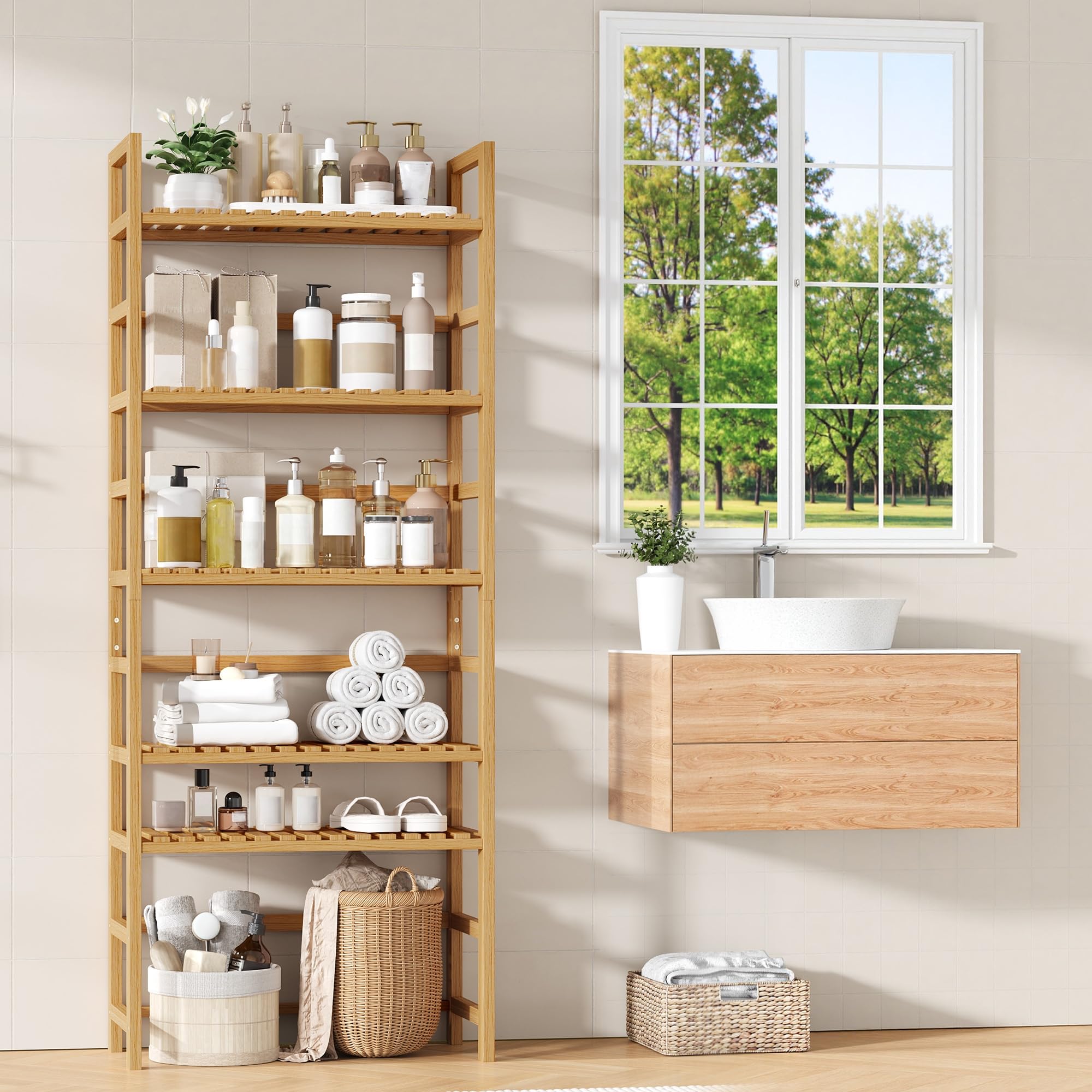 FOREHILL Estantería Bambú Baño de 6 Niveles, Estanterías Almacenaje Cocina | Eestantería Baño, Estantería de Almacenamiento, para Espacios Estrechos, 11 Posiciones Ajustables, Natural/Blanco 60x26x161cm