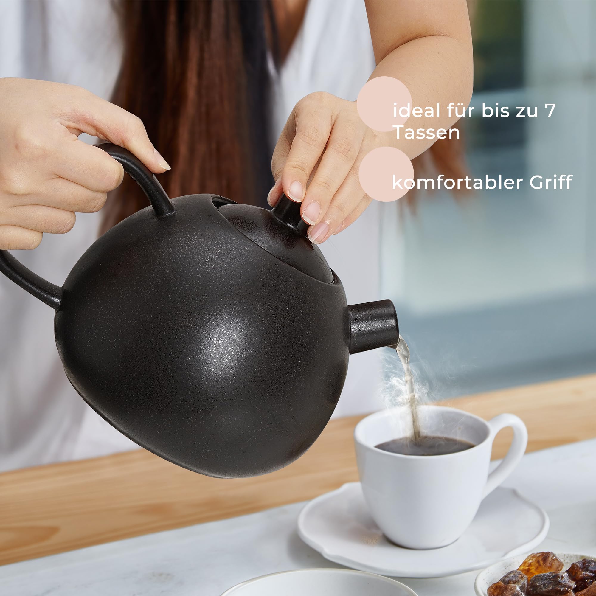 Duża dzbanka do herbaty z sitkiem - 1,4 l - dzbanka do herbaty ceramiczna - nowoczesna dzbanka do herbaty z sitkiem na luźną herbatę, trwała i neutralna w zakresie aromatu (Antracyt)